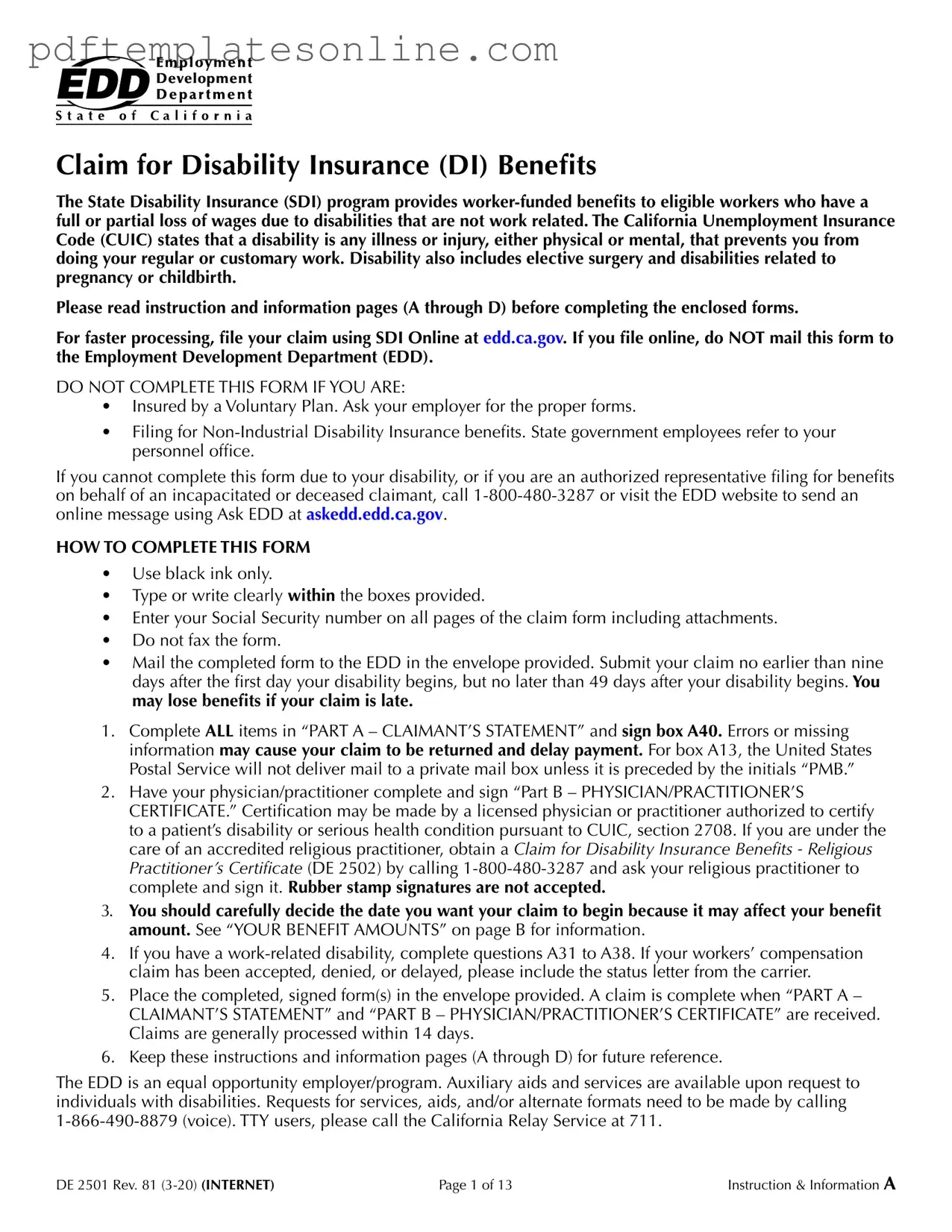 Blank EDD DE 2501 Form