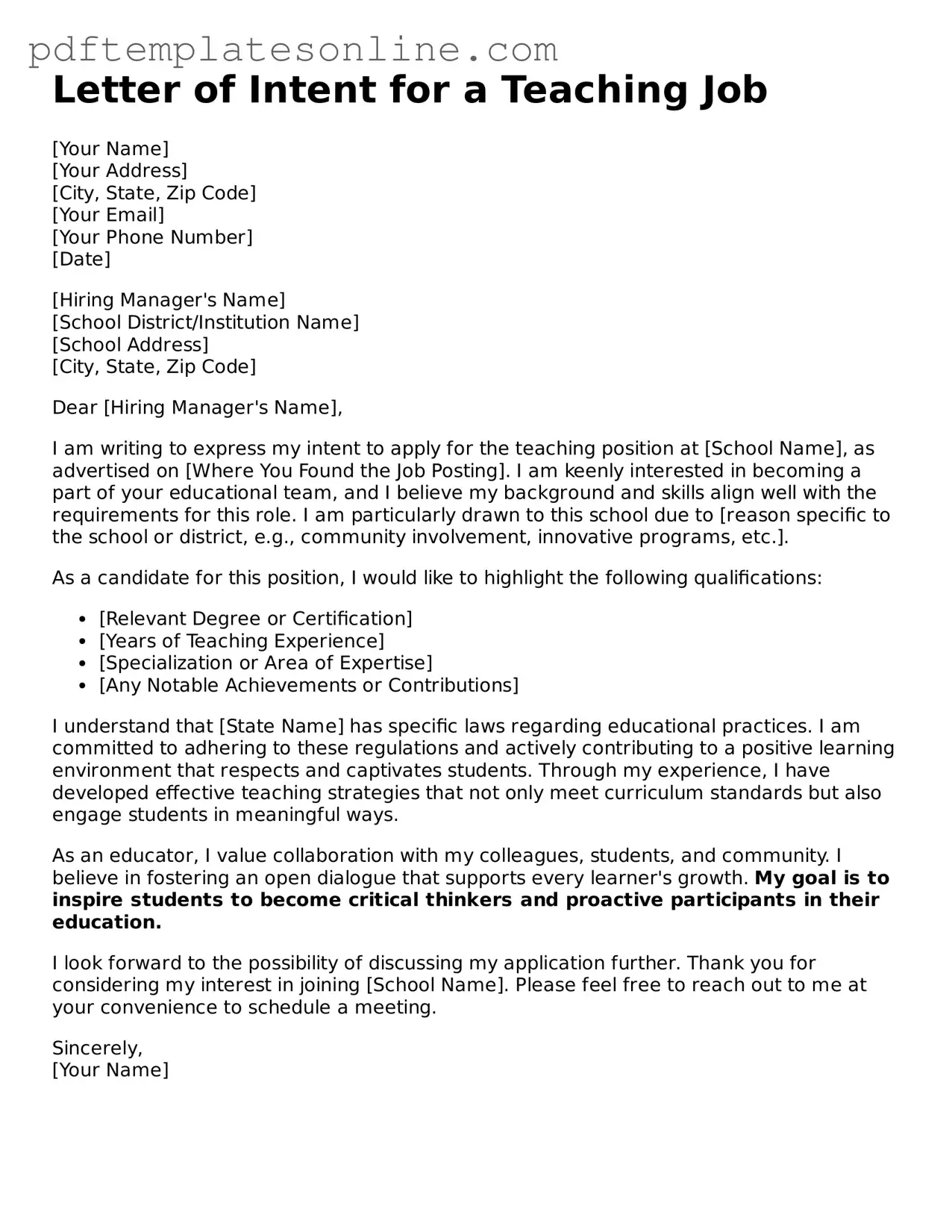 Fillable Letter of Intent for a Teaching Job Document