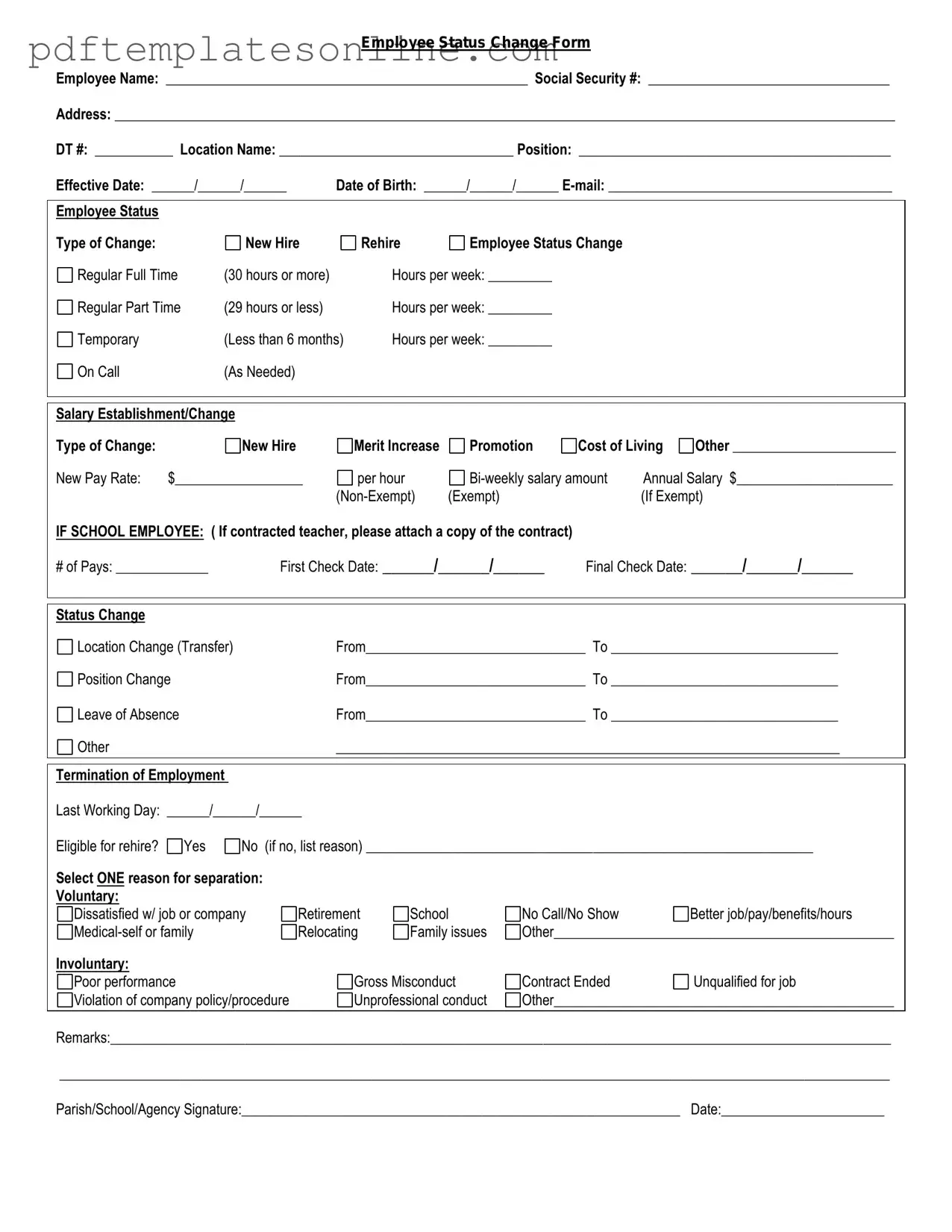 Blank Employee Status Change Form
