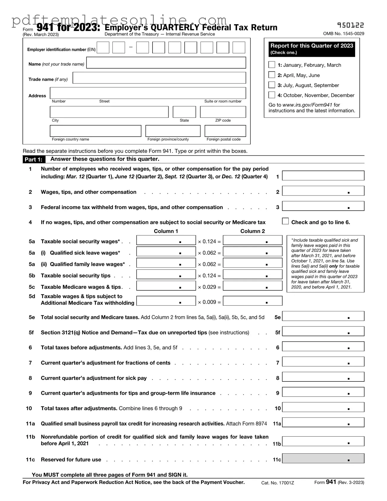 Blank IRS 941 Form