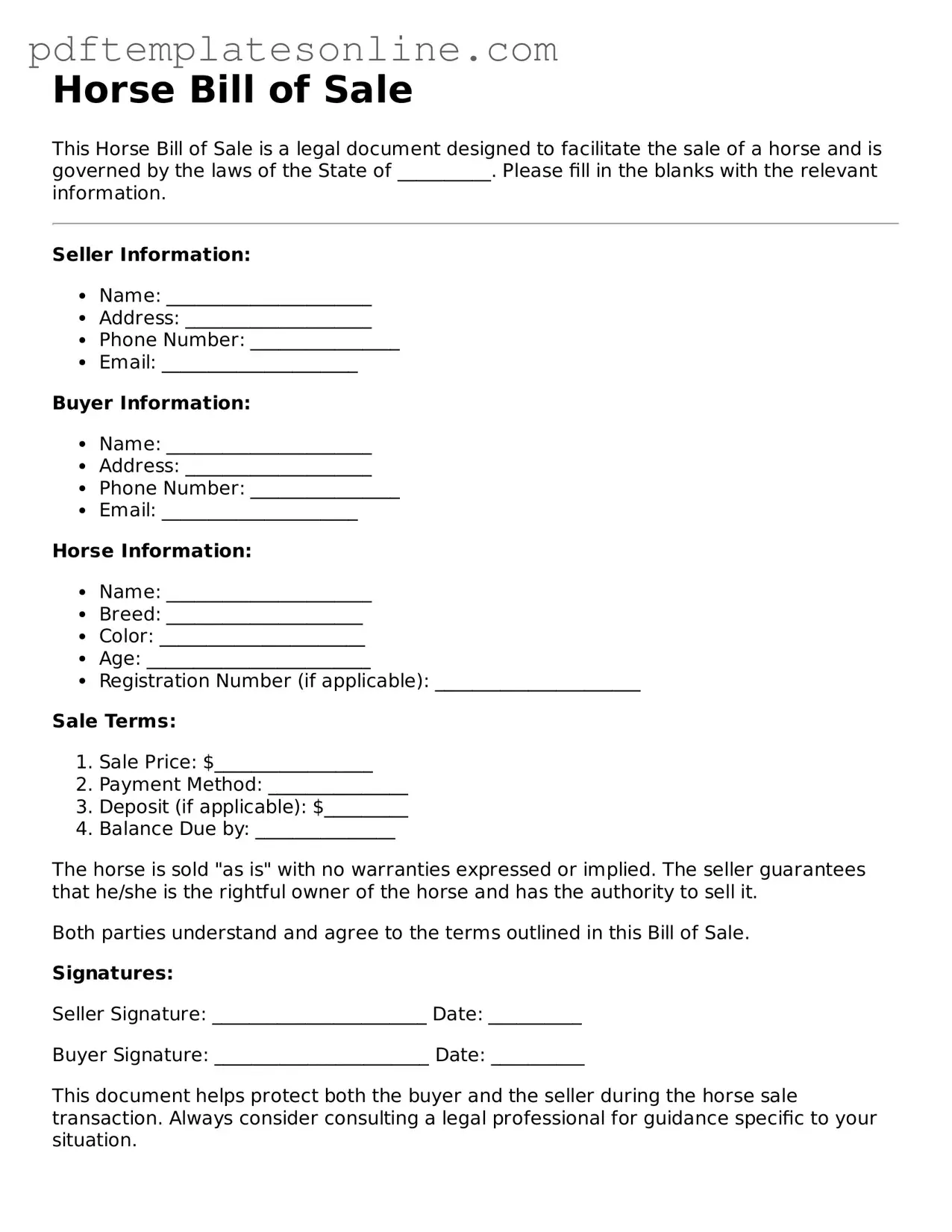 Fillable Horse Bill of Sale Document