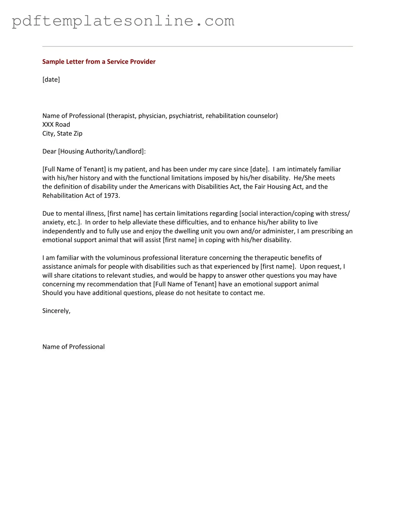 Blank Emotional Support Animal Letter Form