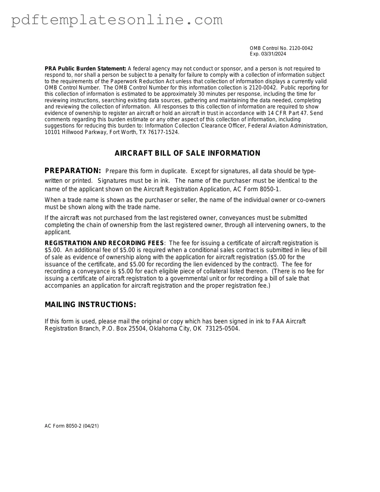 Blank Aircraft Bill of Sale AC 8050-2 Form