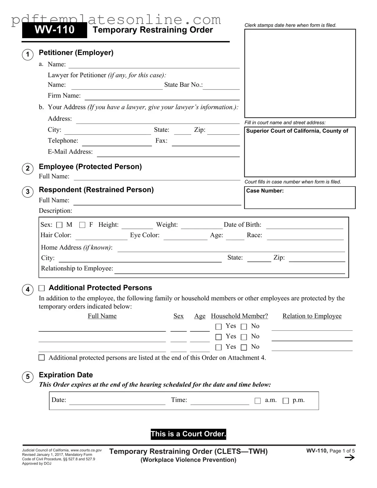 Blank Fake Restraining Order Form