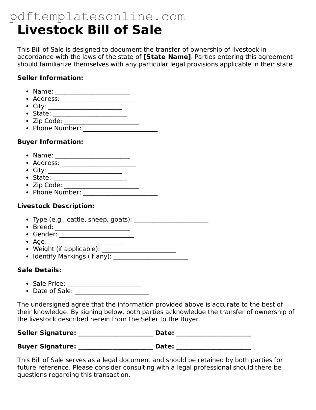 Fillable Livestock Bill of Sale Document