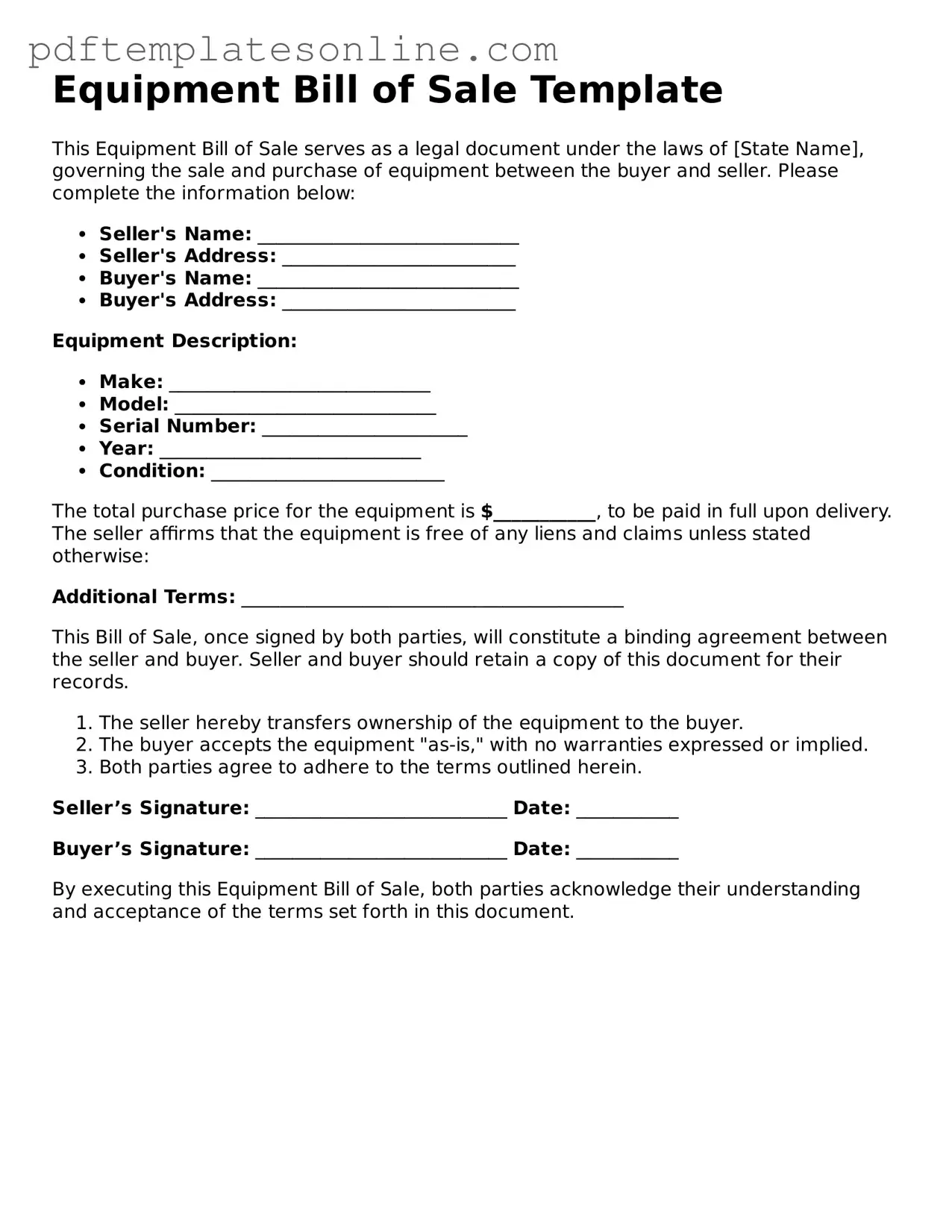 Fillable Equipment Bill of Sale Document