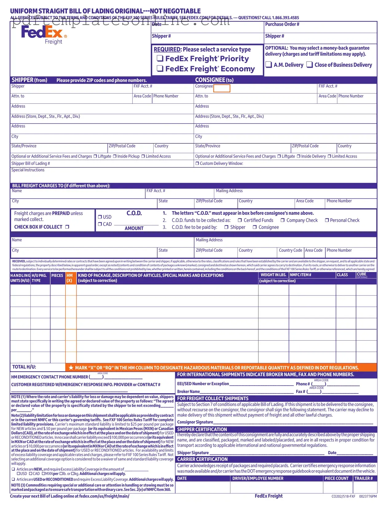 Blank Fedex Bill Of Lading Form