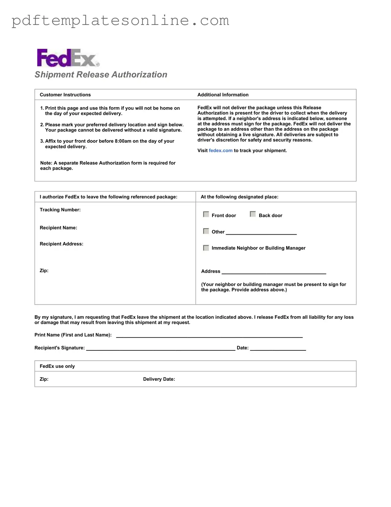 Blank Fedex Release Form
