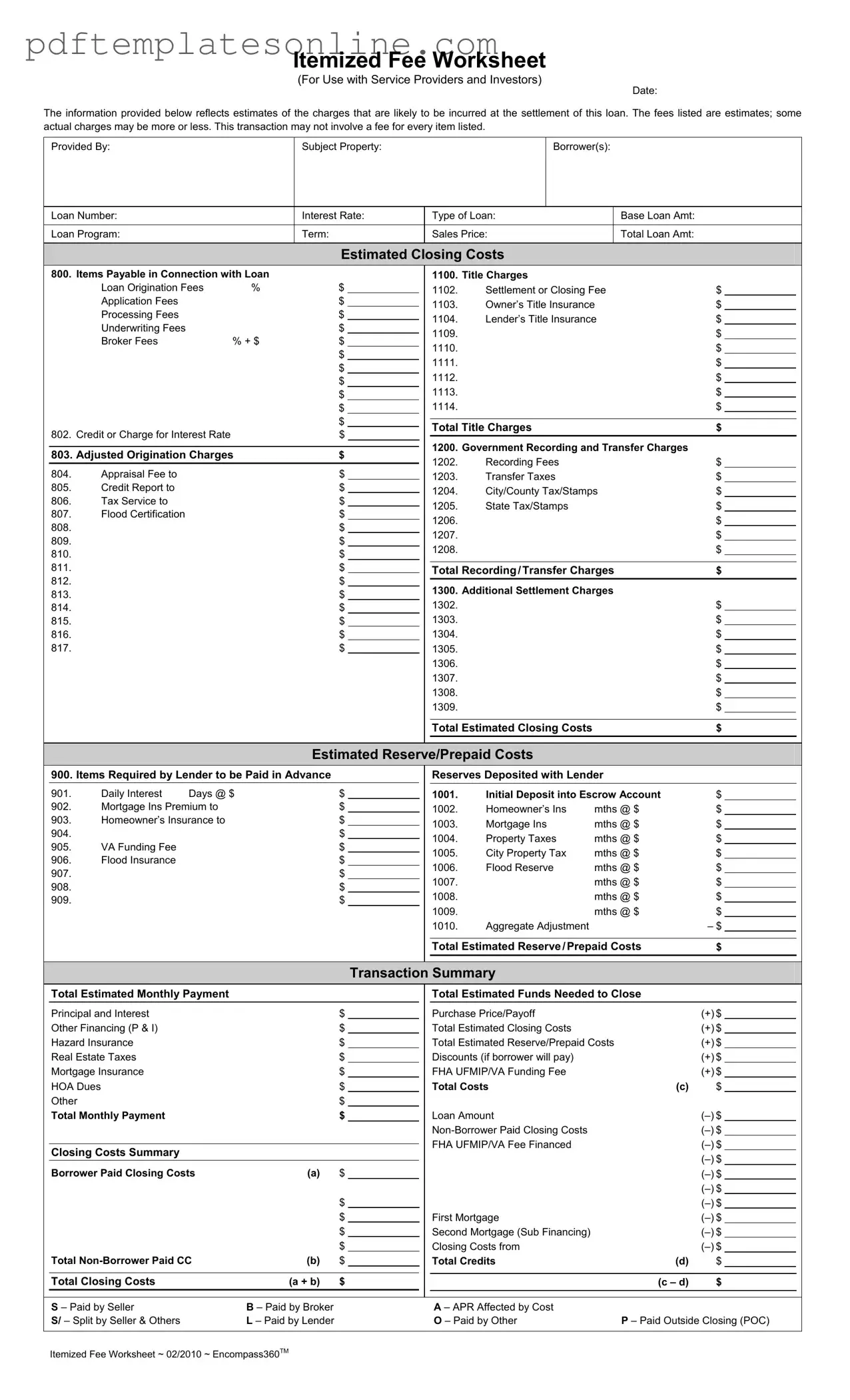 Blank Fee Worksheet Form