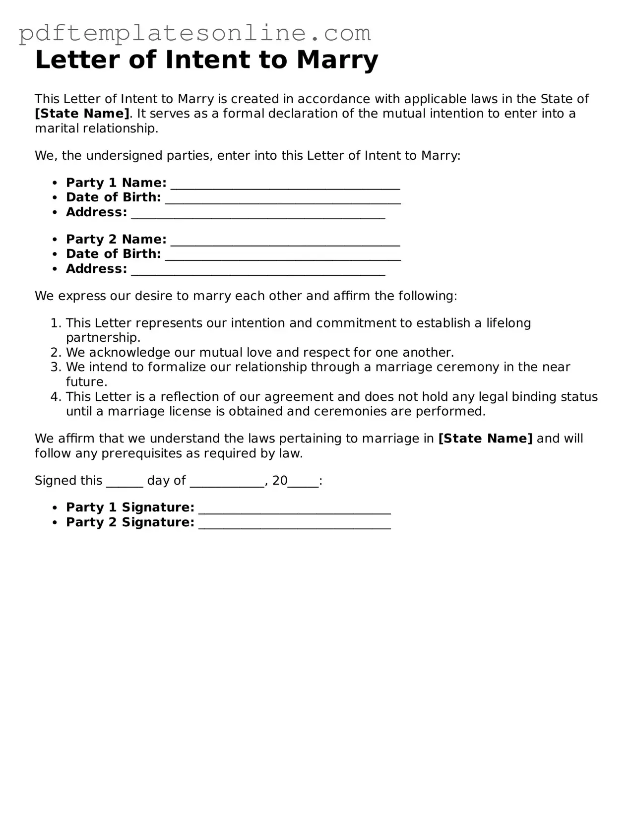 Fillable Letter of Intent to Marry Document