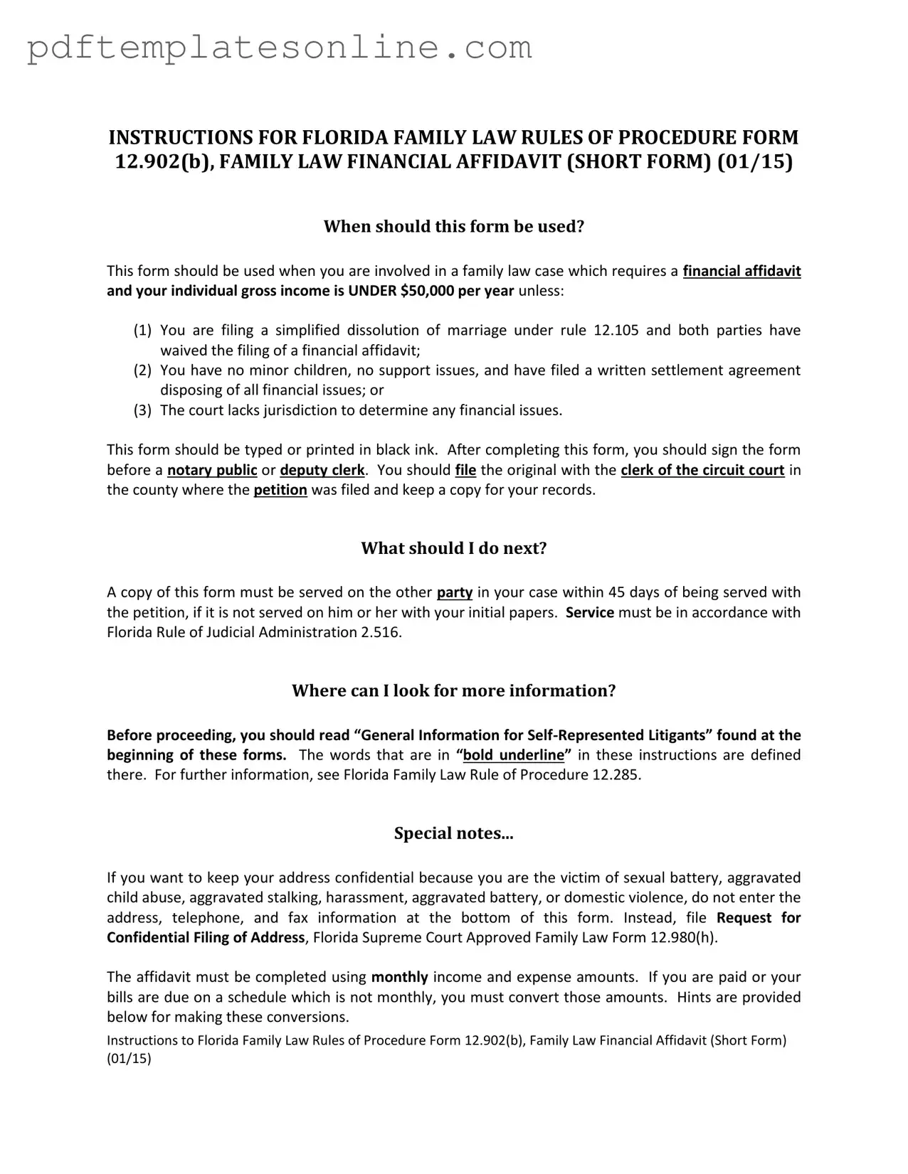 Blank Florida Financial Affidavit Short 12.902(b) Form