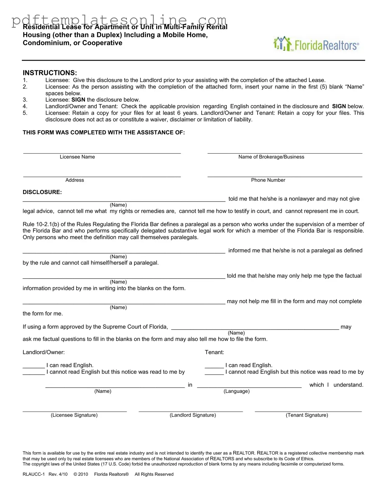 Blank Florida Realtors Residential Lease Form