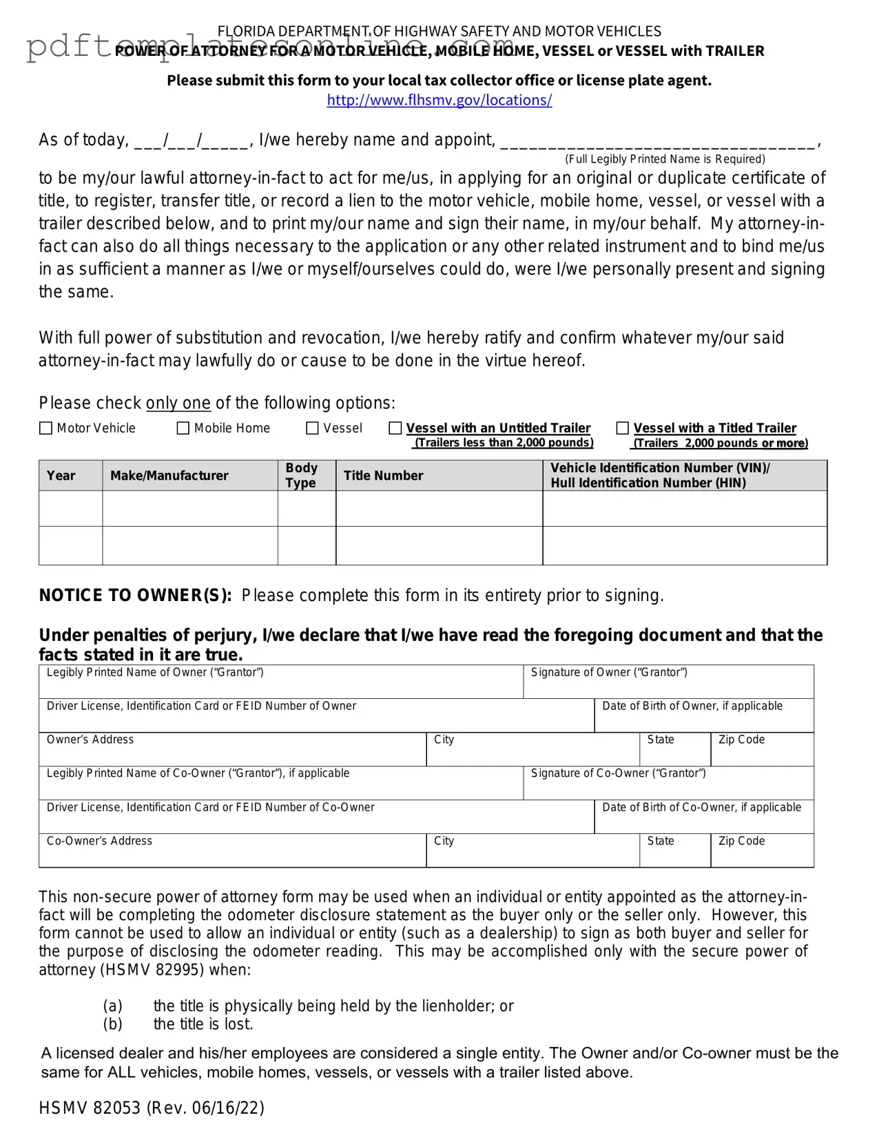 Blank Florida Vehicle POA form 82053 Form