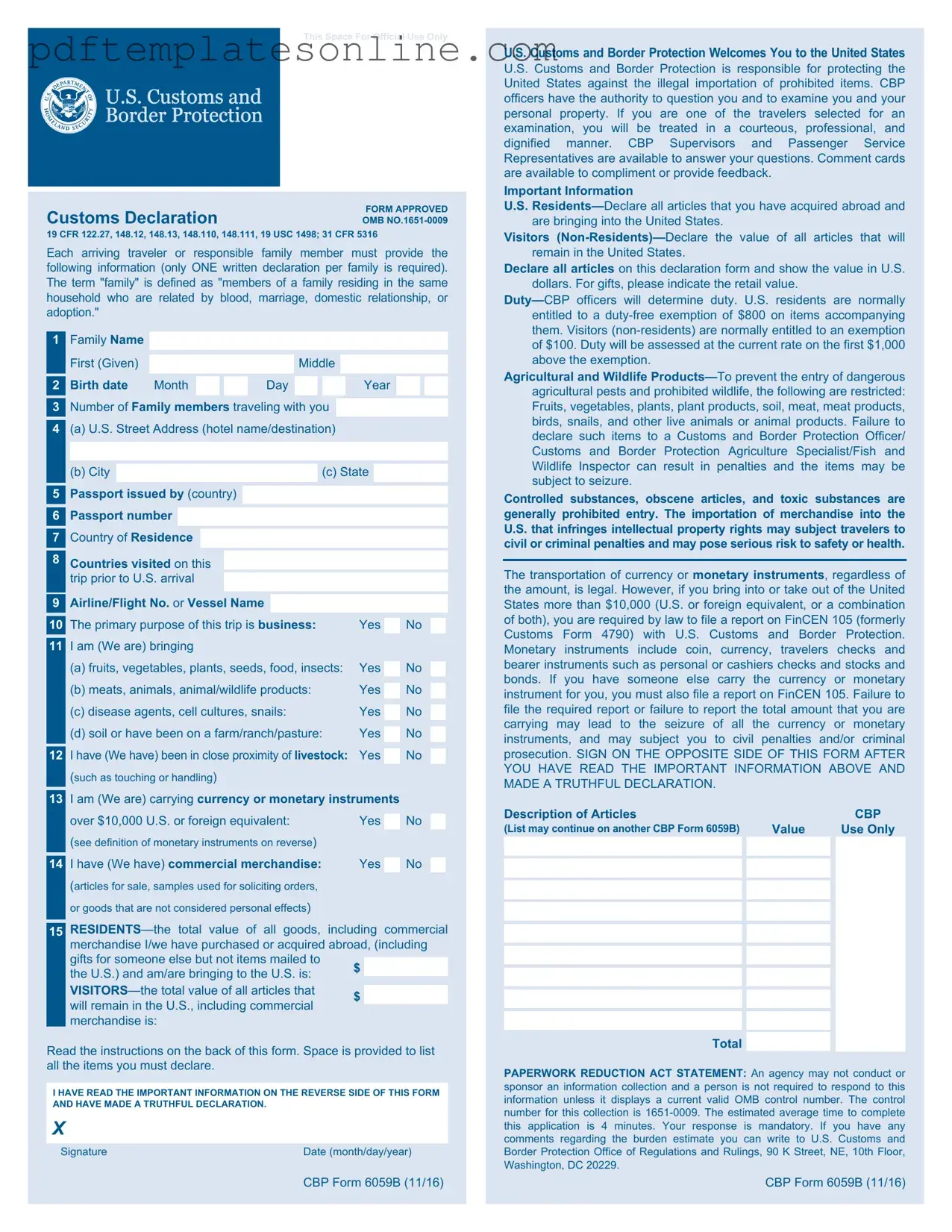 Blank CBP 6059B Form