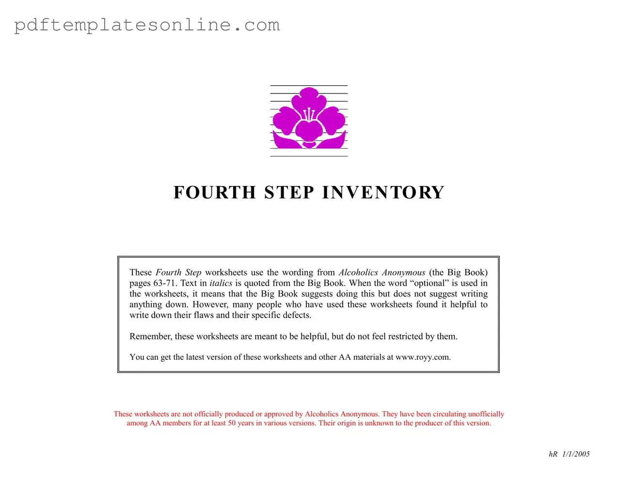 Blank Fourth Step Inventory Form