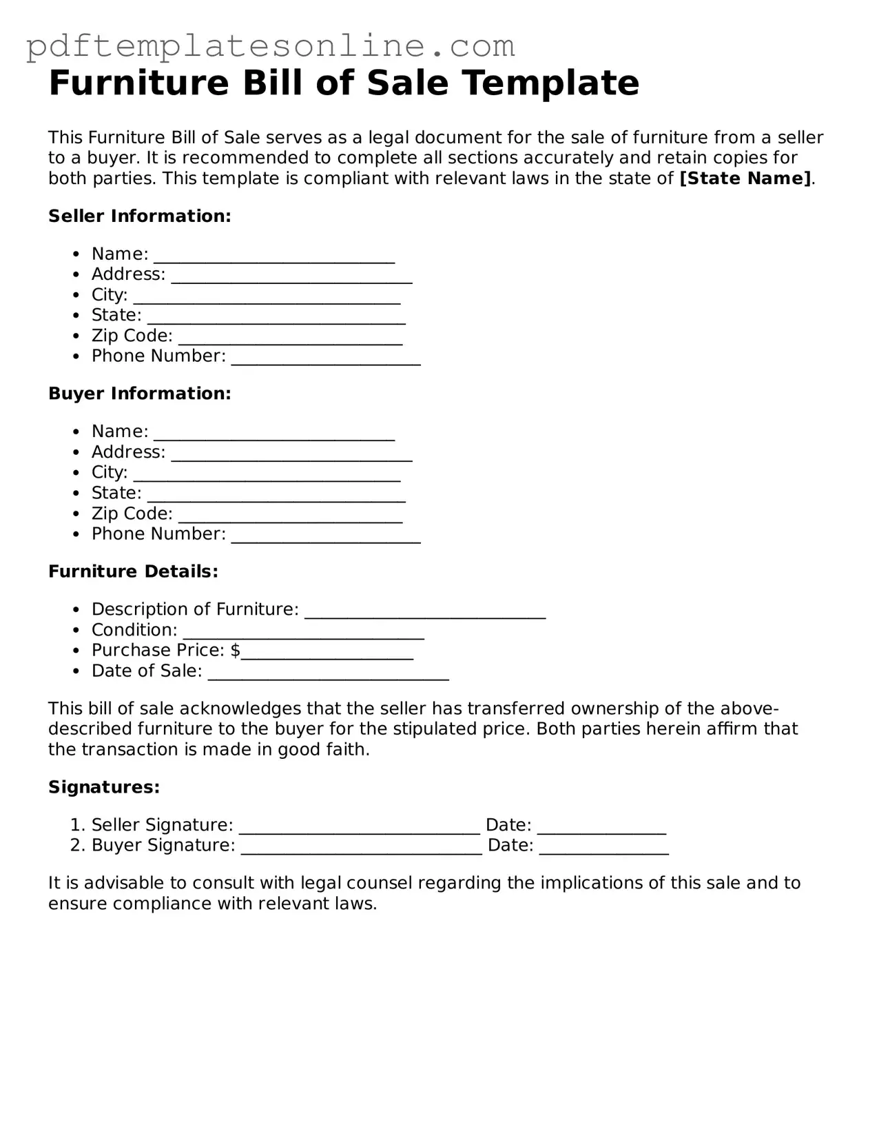 Fillable Furniture Bill of Sale Document