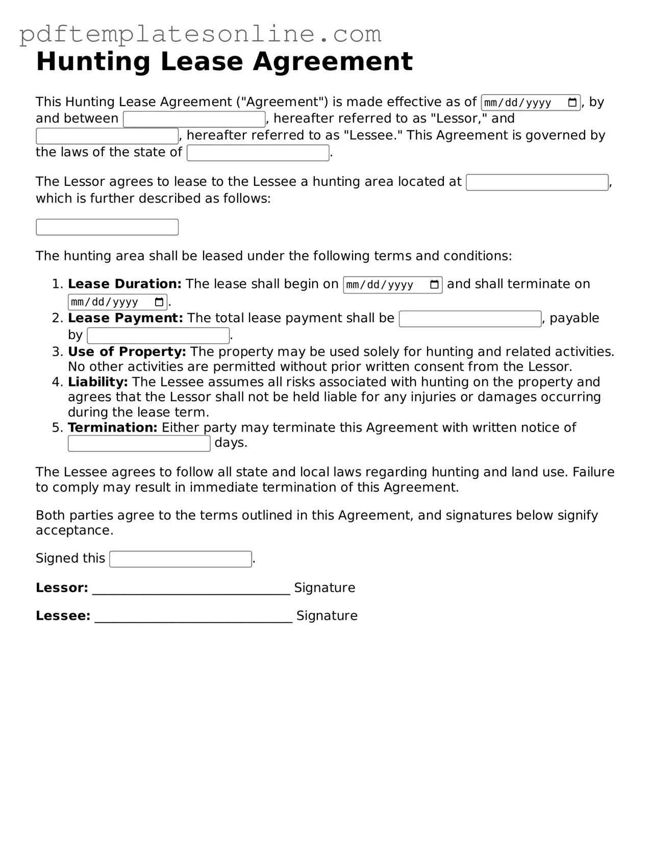 Fillable Hunting Lease Agreement Document