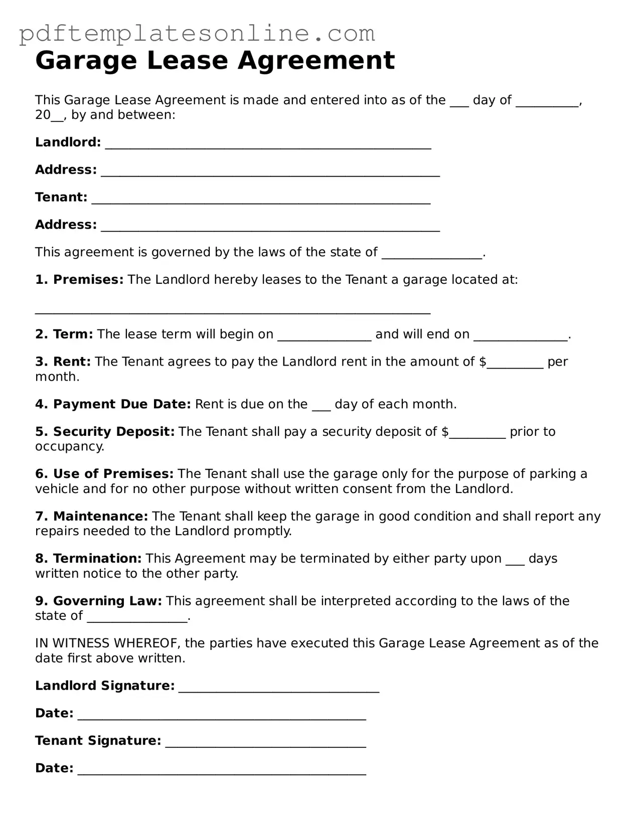 Fillable Garage Lease Agreement Document
