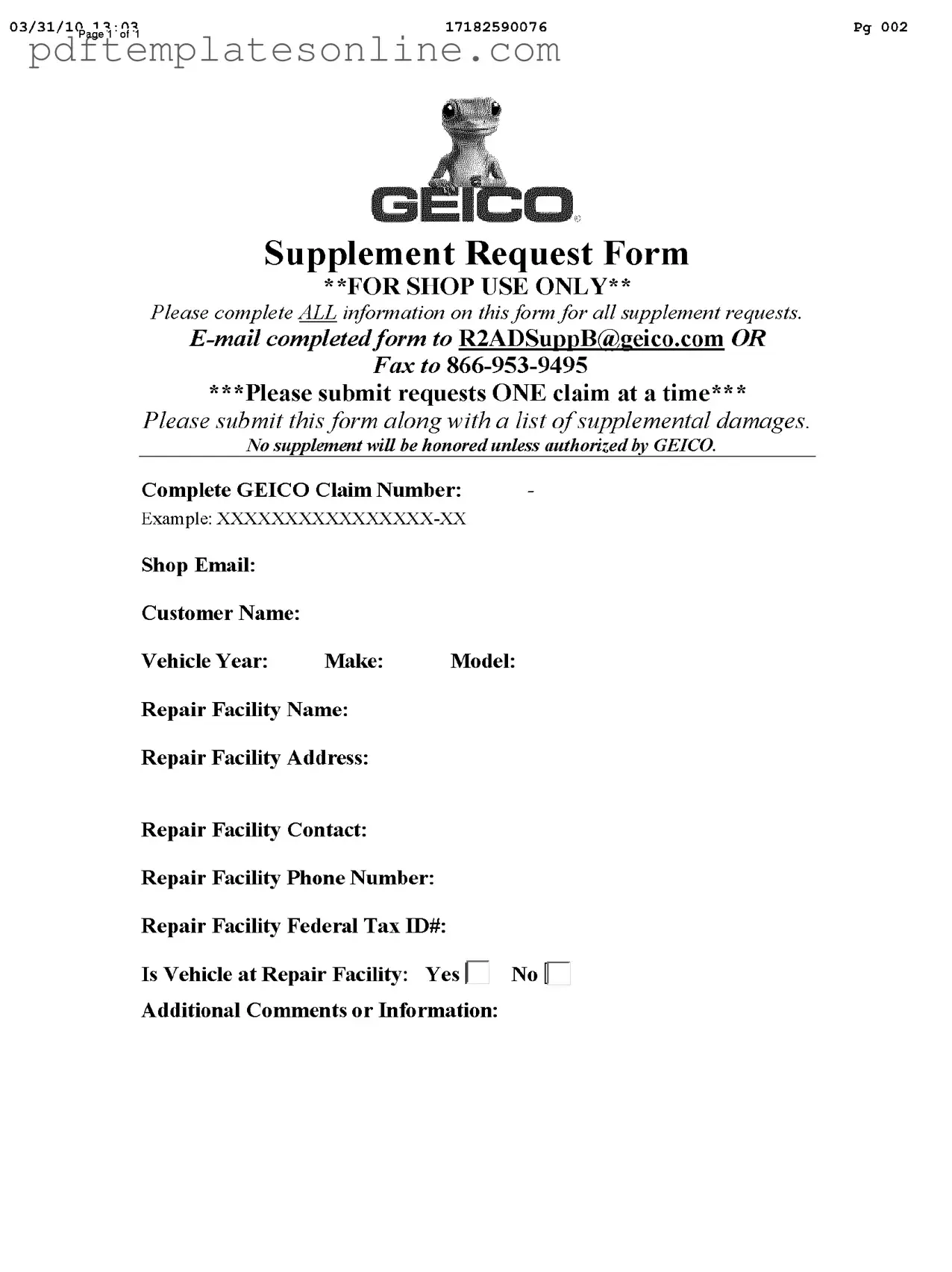 Blank Geico Supplement Request Form