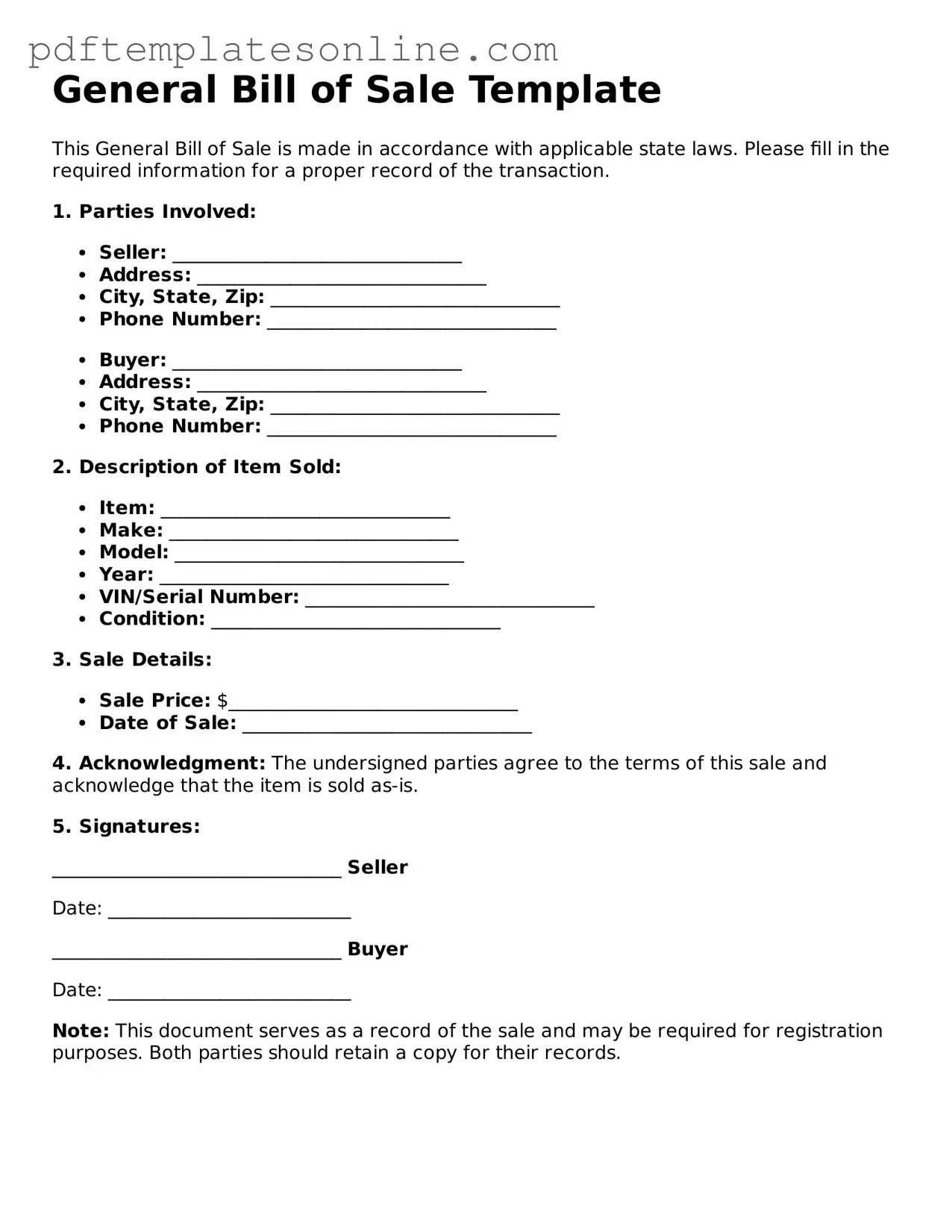 Fillable General Bill of Sale Document