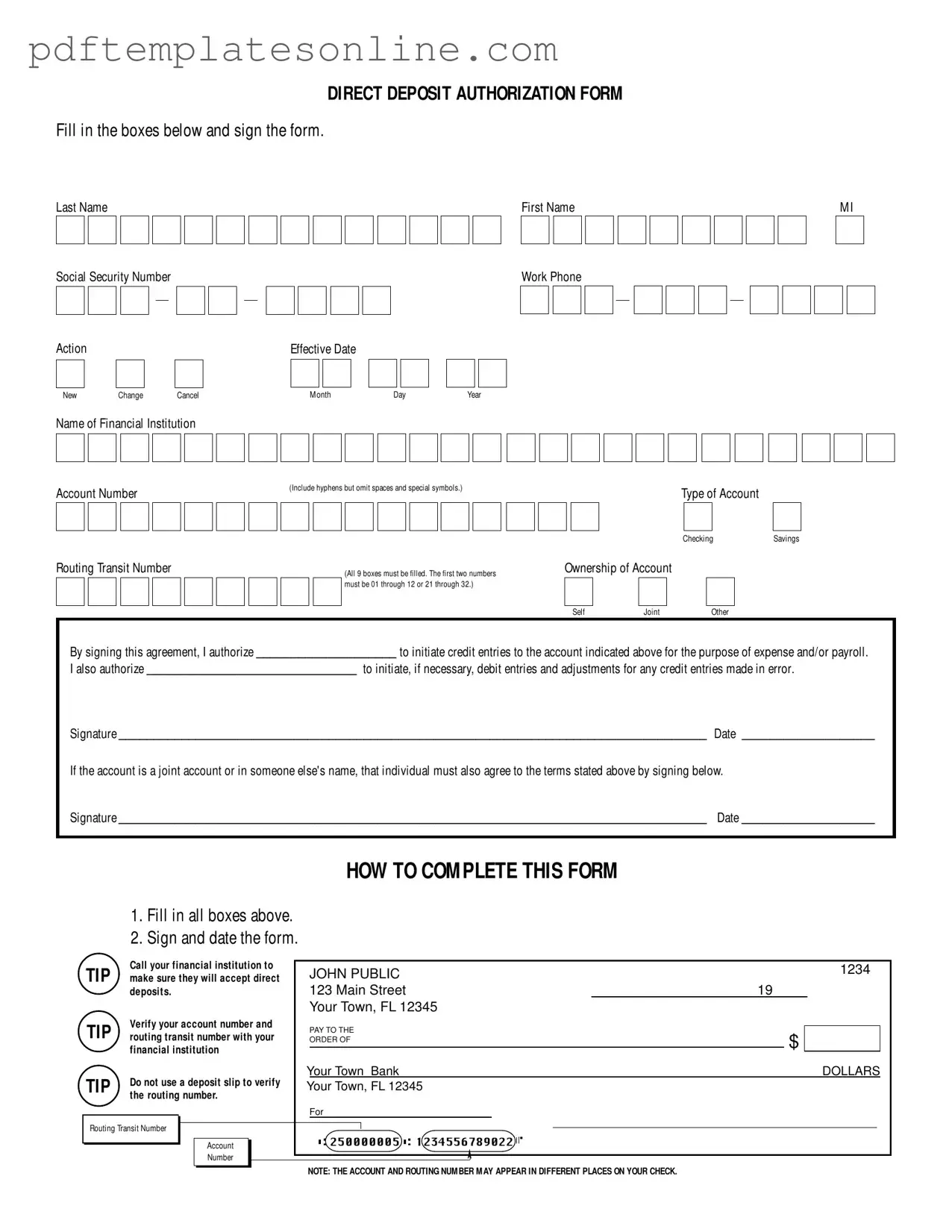 Blank Generic Direct Deposit Form
