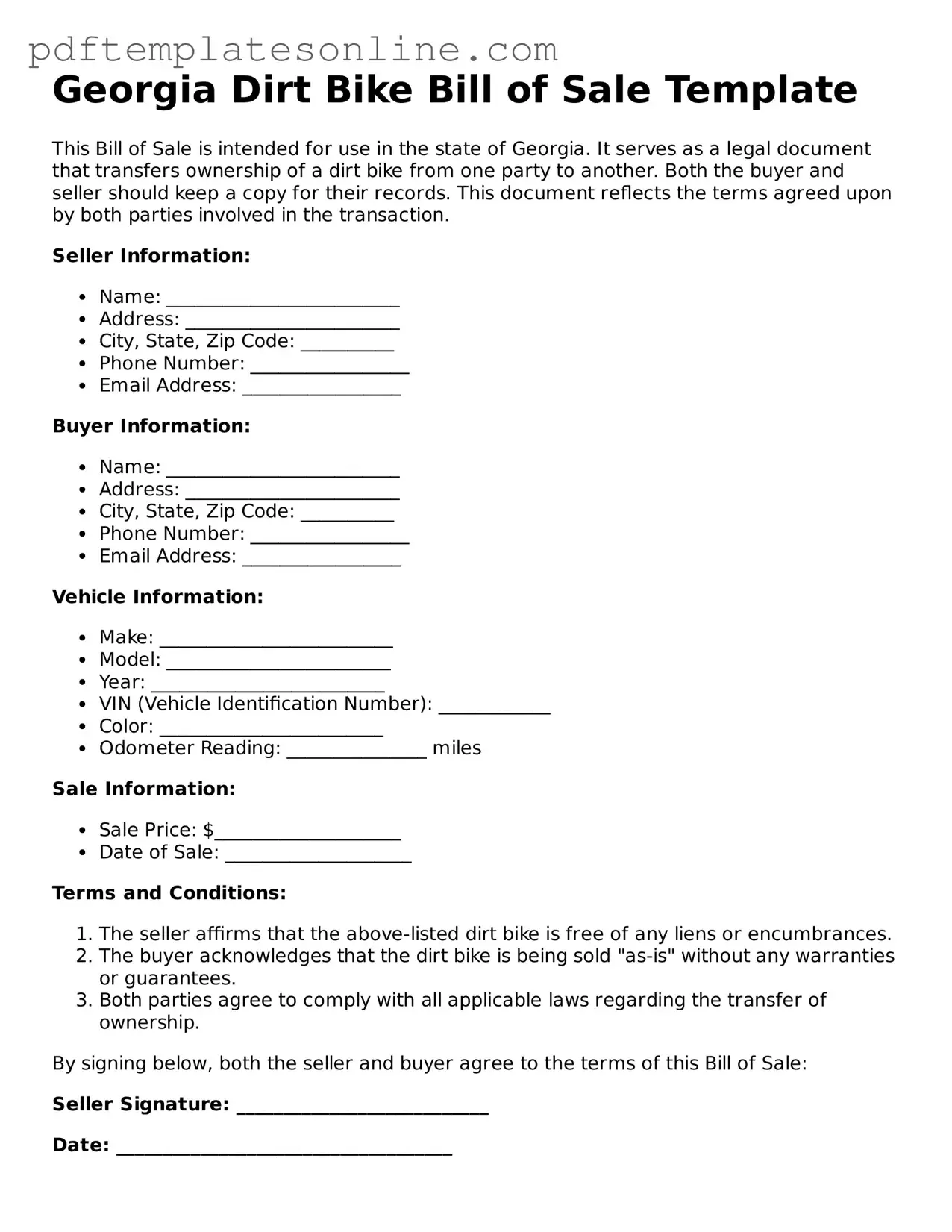 Official Georgia Dirt Bike Bill of Sale Document