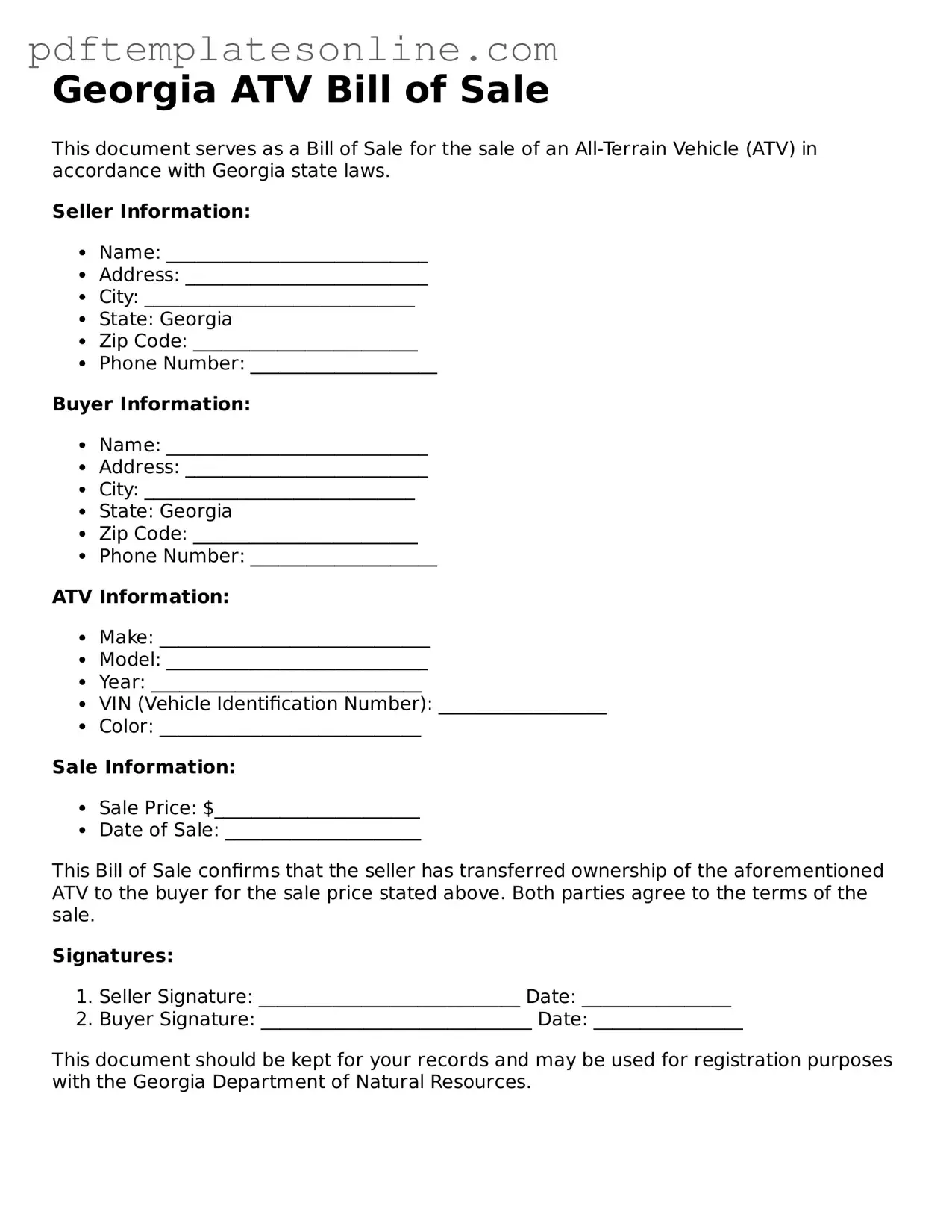 Official Georgia ATV Bill of Sale Document