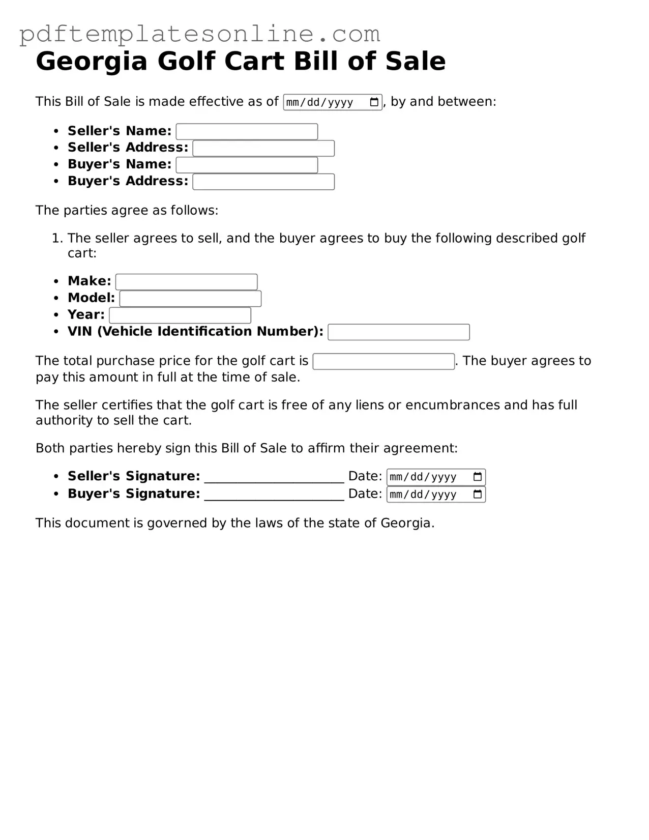 Official Georgia Golf Cart Bill of Sale Document