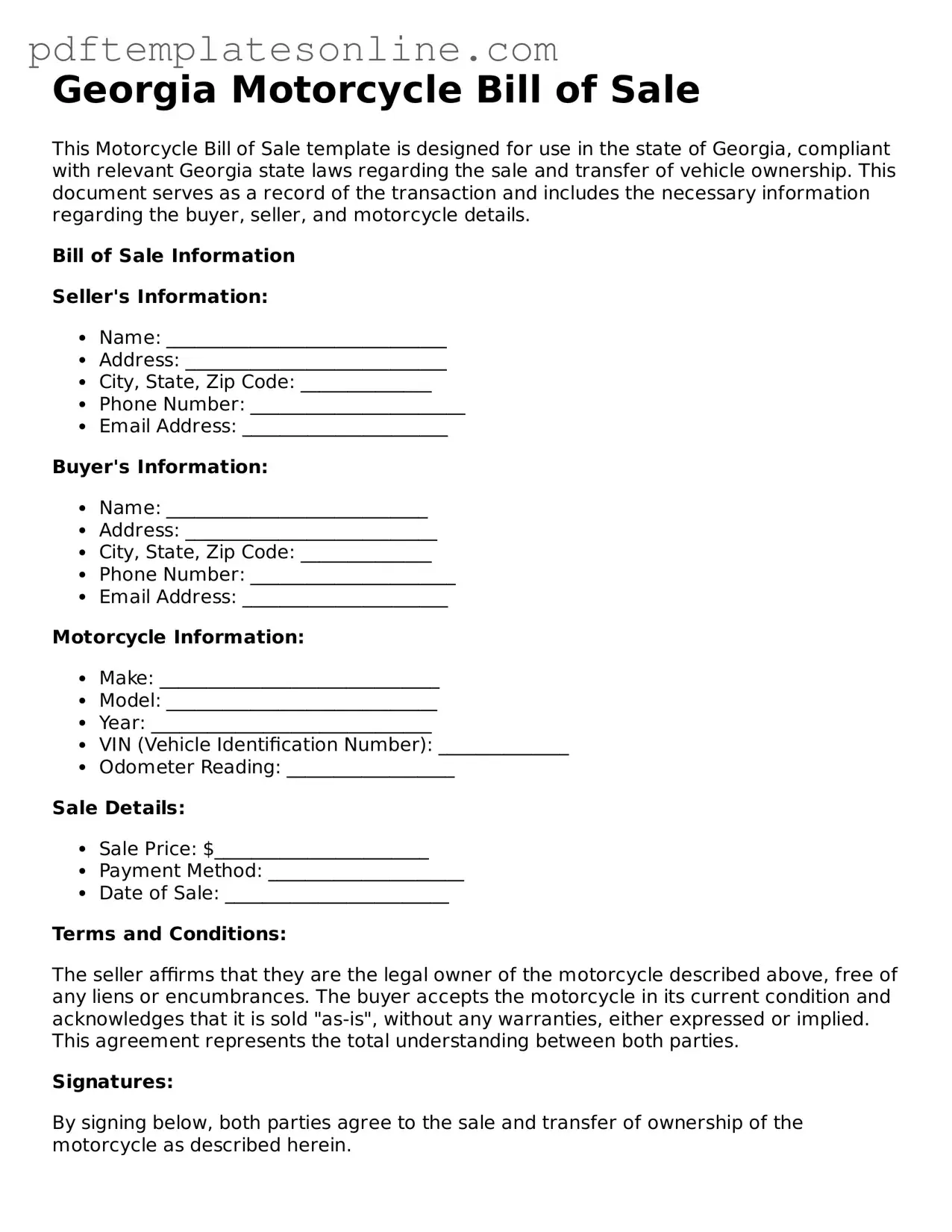 Official Georgia Motorcycle Bill of Sale Document