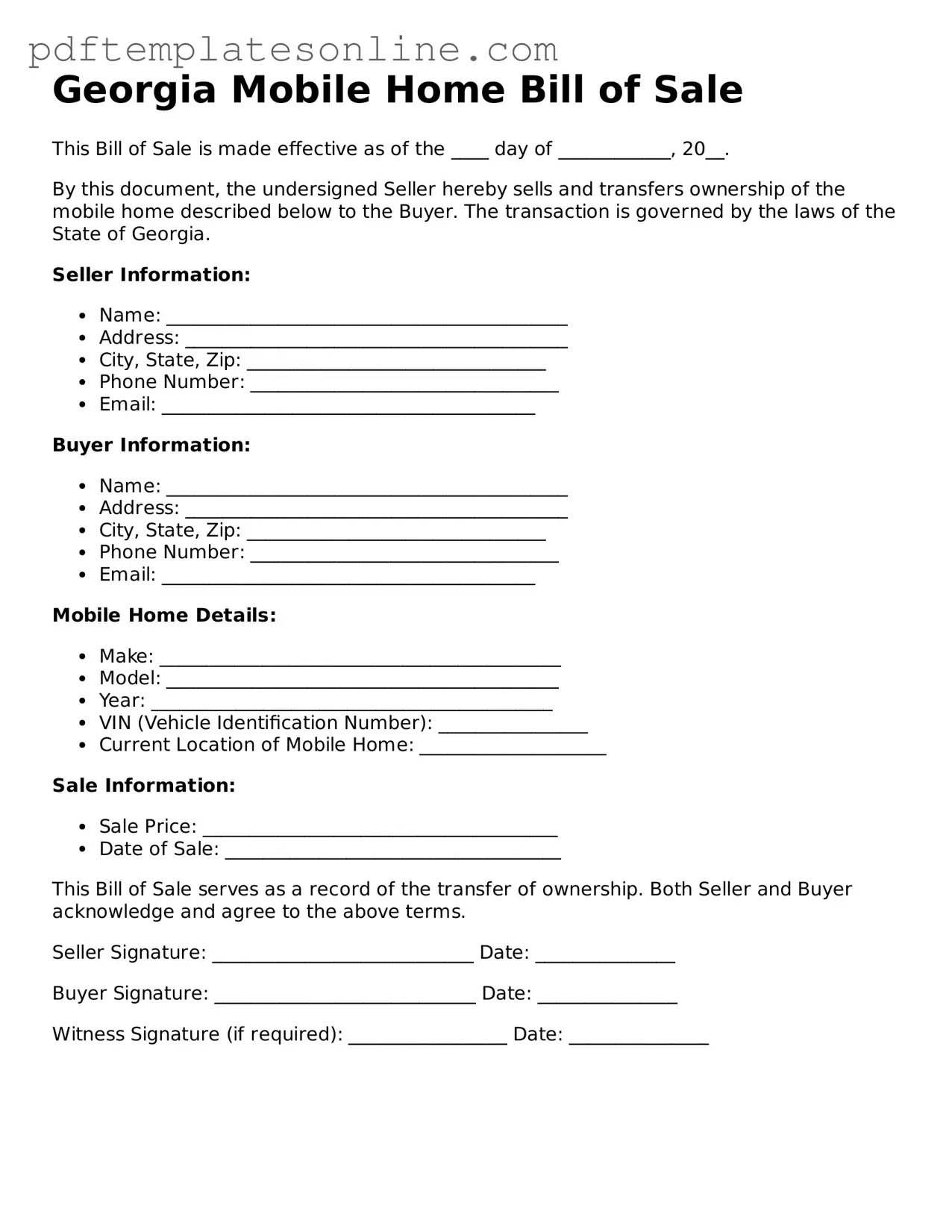 Official Georgia Mobile Home Bill of Sale Document