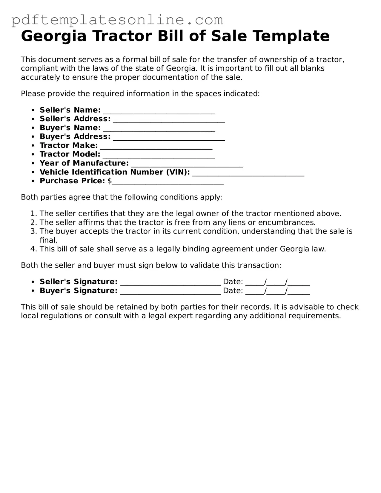 Official Georgia Tractor Bill of Sale Document