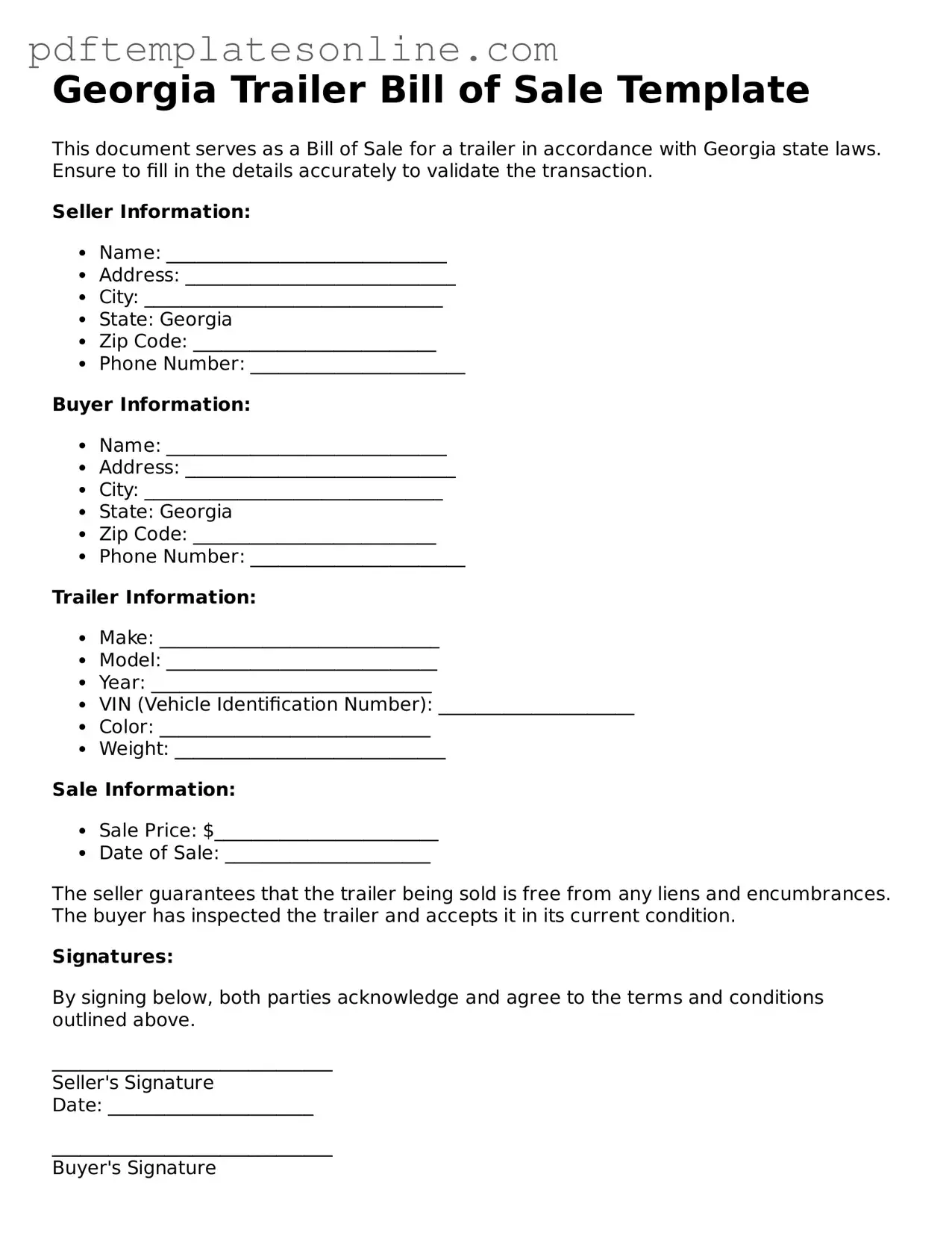 Official Georgia Trailer Bill of Sale Document