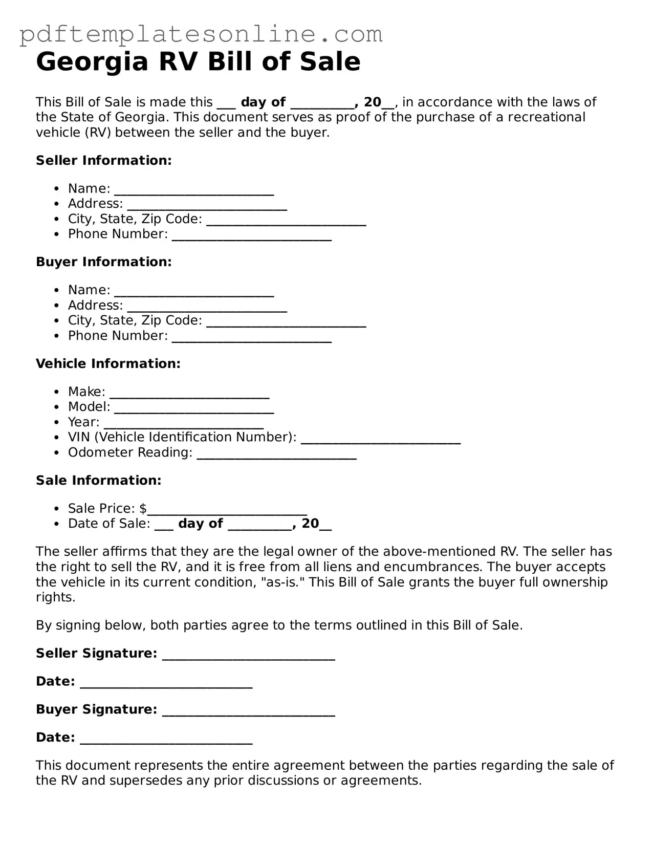Official Georgia RV Bill of Sale Document