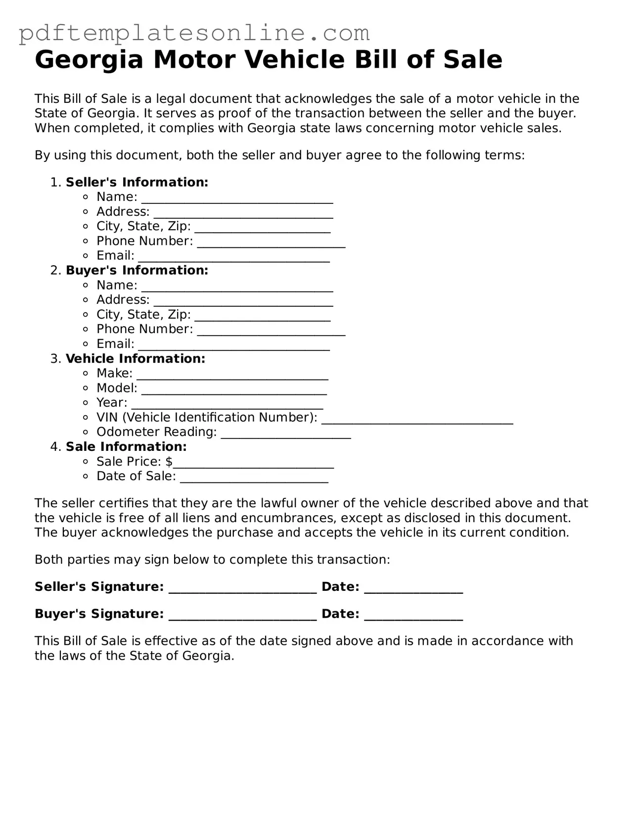 Official Georgia Motor Vehicle Bill of Sale Document