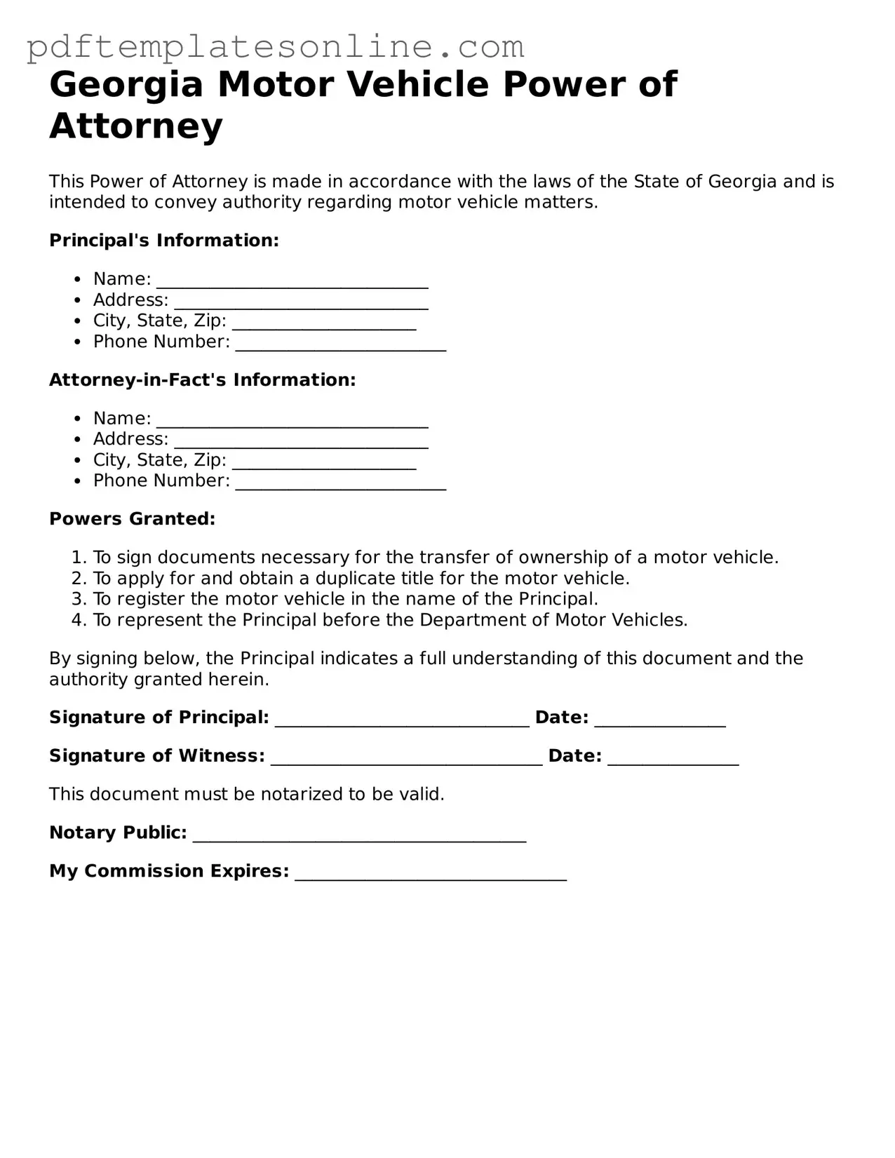 Official Georgia Motor Vehicle Power of Attorney Document