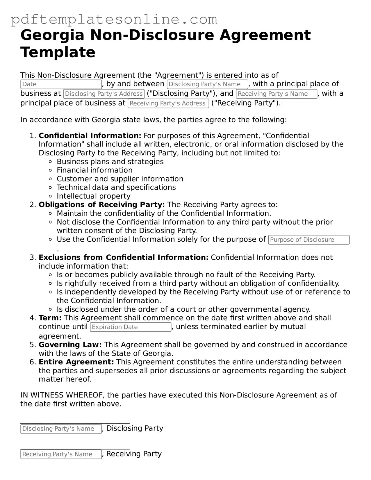 Official Georgia Non-disclosure Agreement Document