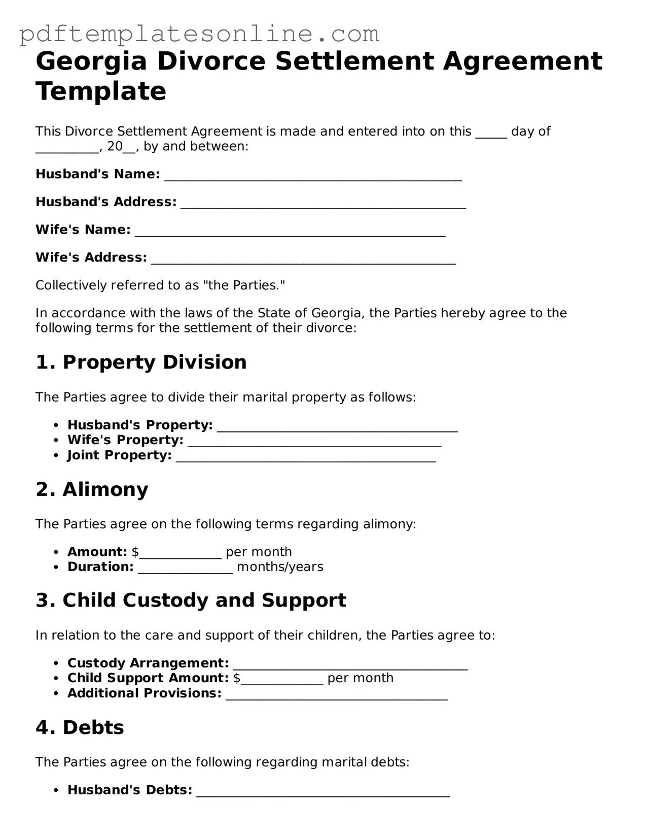 Official Georgia Divorce Settlement Agreement Document