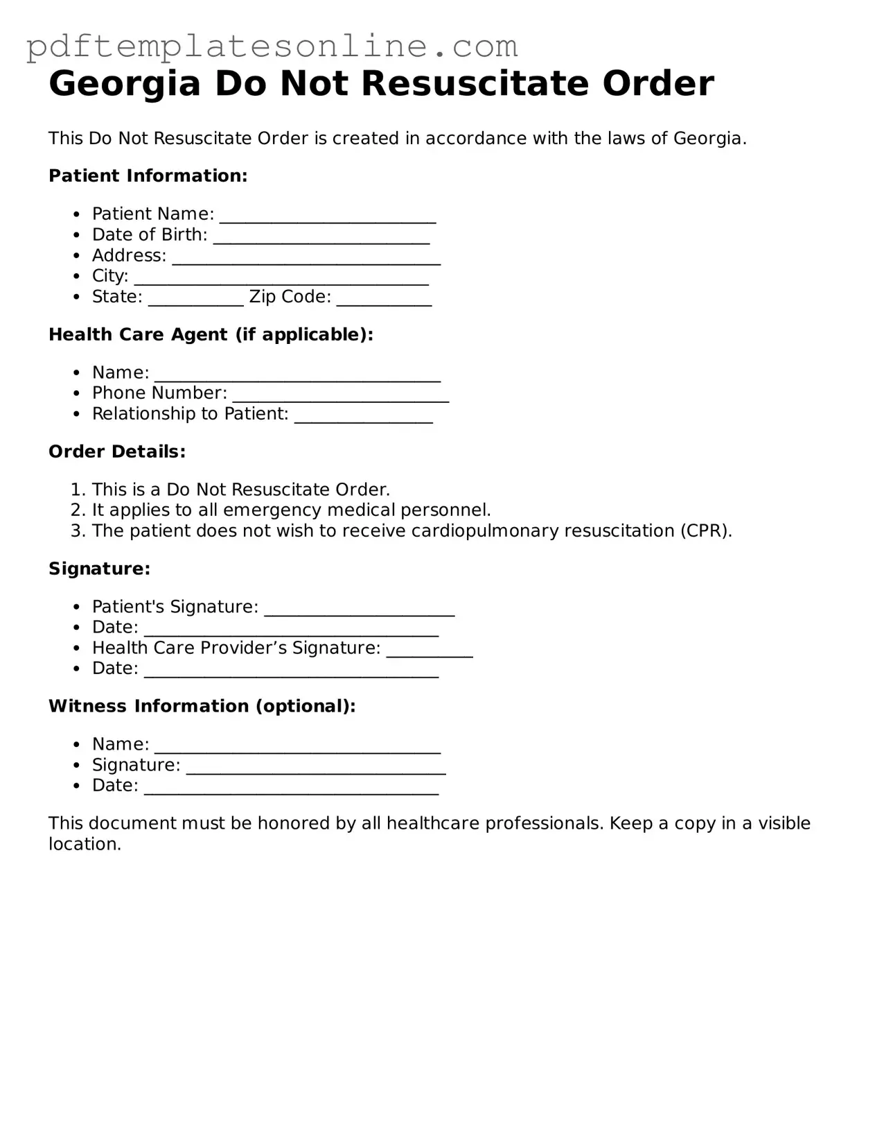 Official Georgia Do Not Resuscitate Order Document