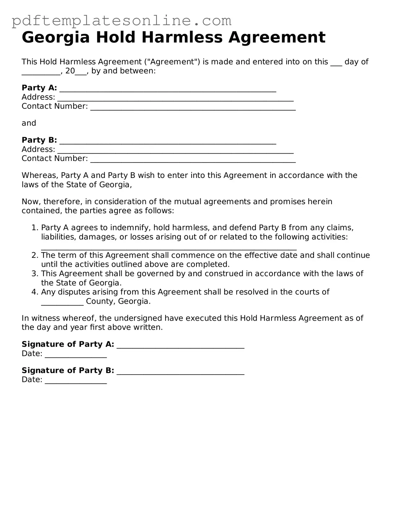 Official Georgia Hold Harmless Agreement Document