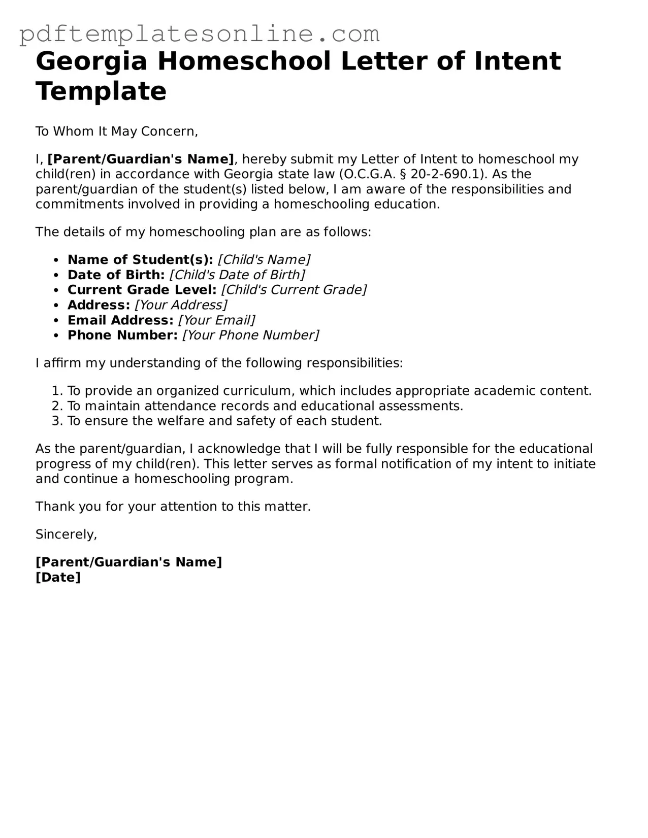 Official Georgia Homeschool Letter of Intent Document