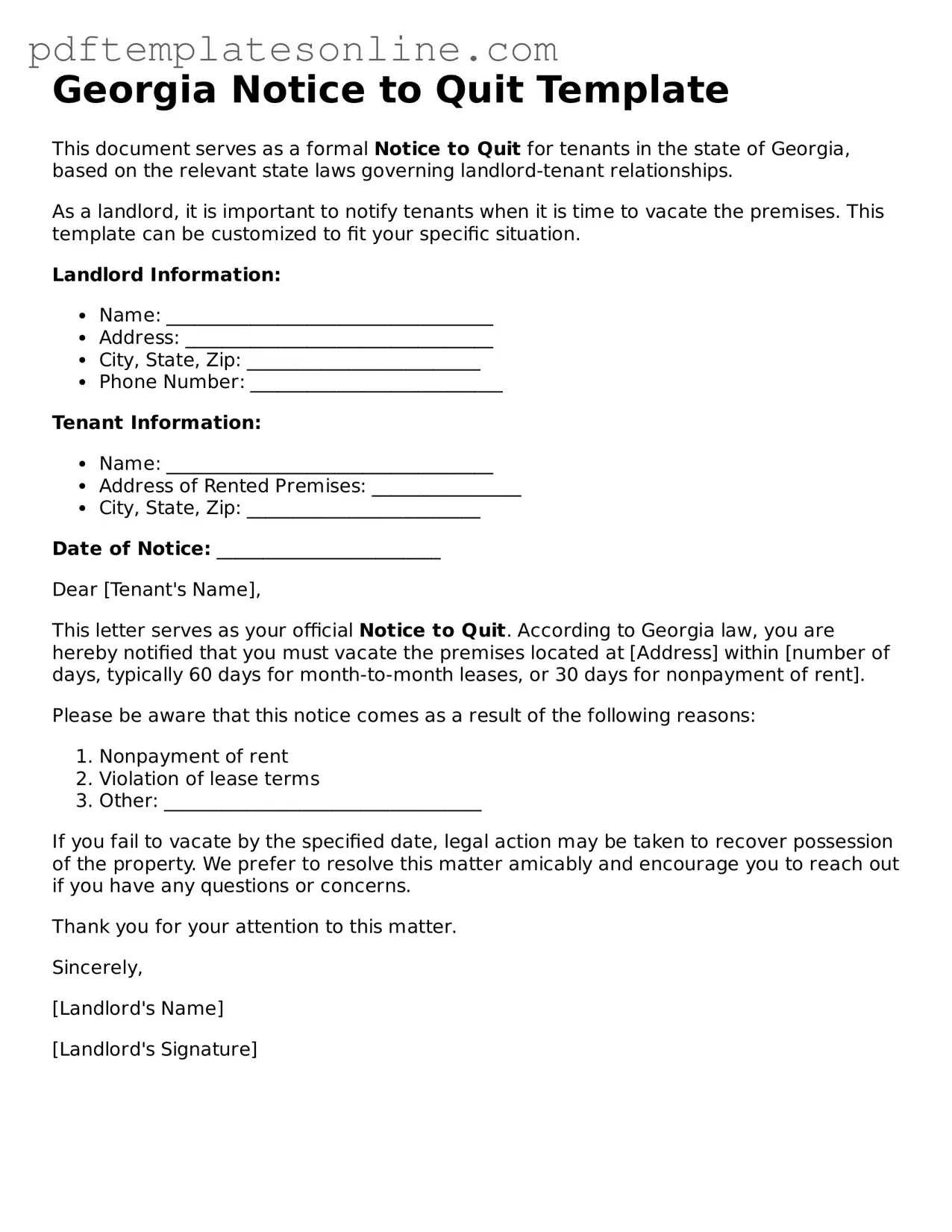 Official Georgia Notice to Quit Document