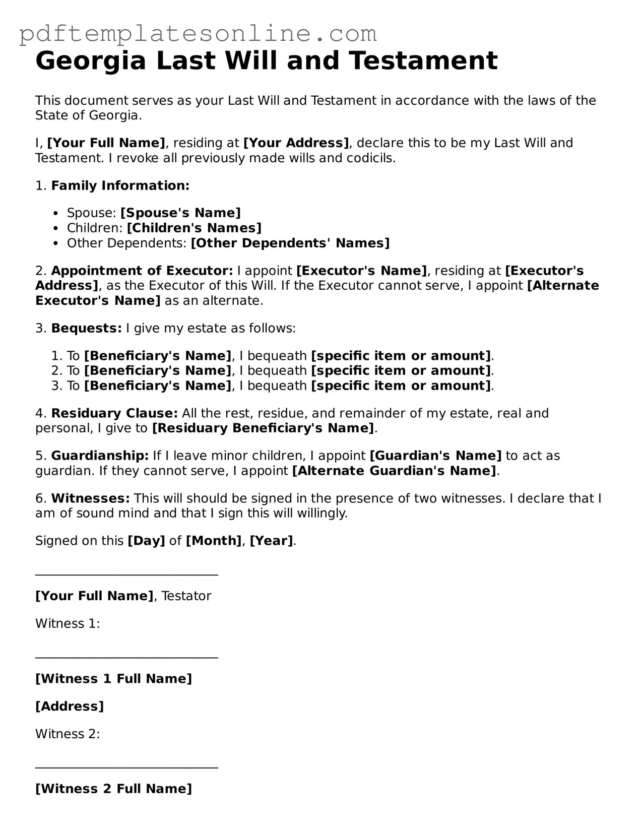 Official Georgia Last Will and Testament Document
