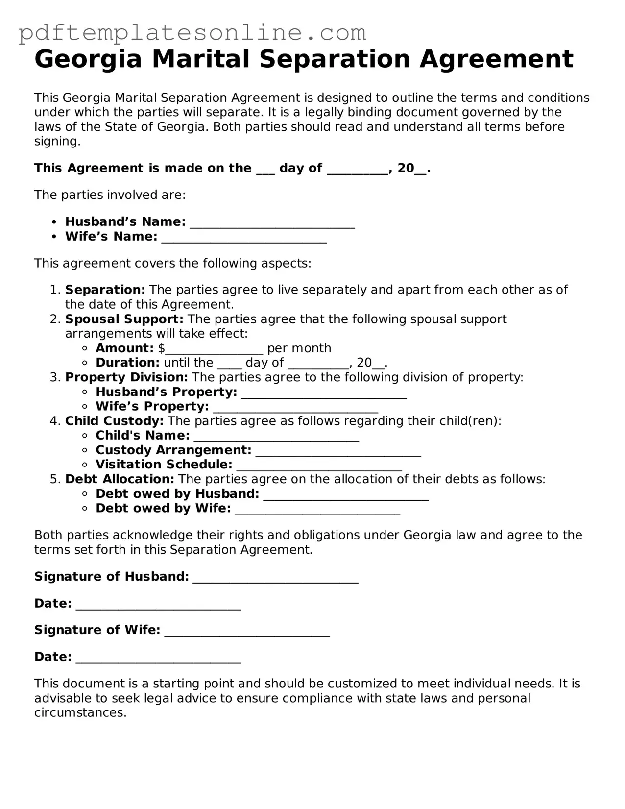 Official Georgia Marital Separation Agreement Document