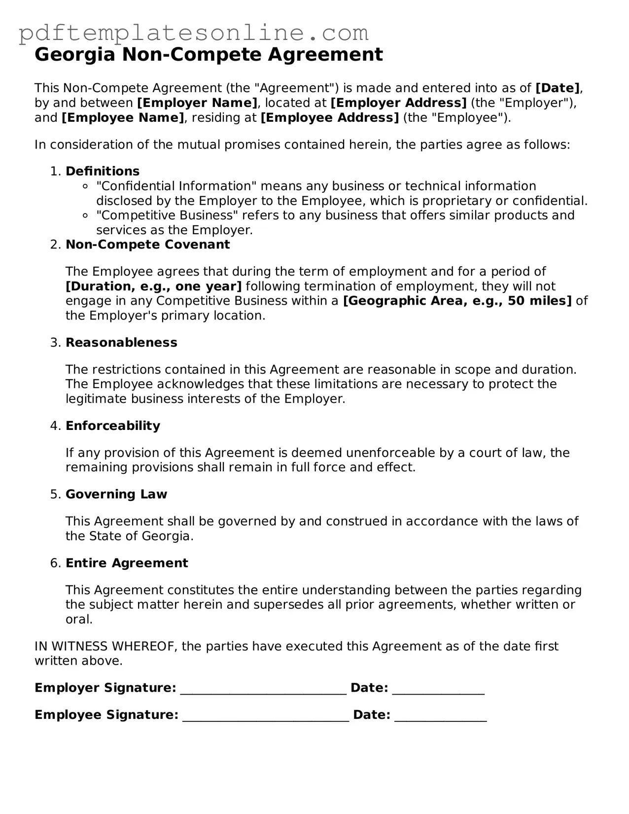 Official Georgia Non-compete Agreement Document