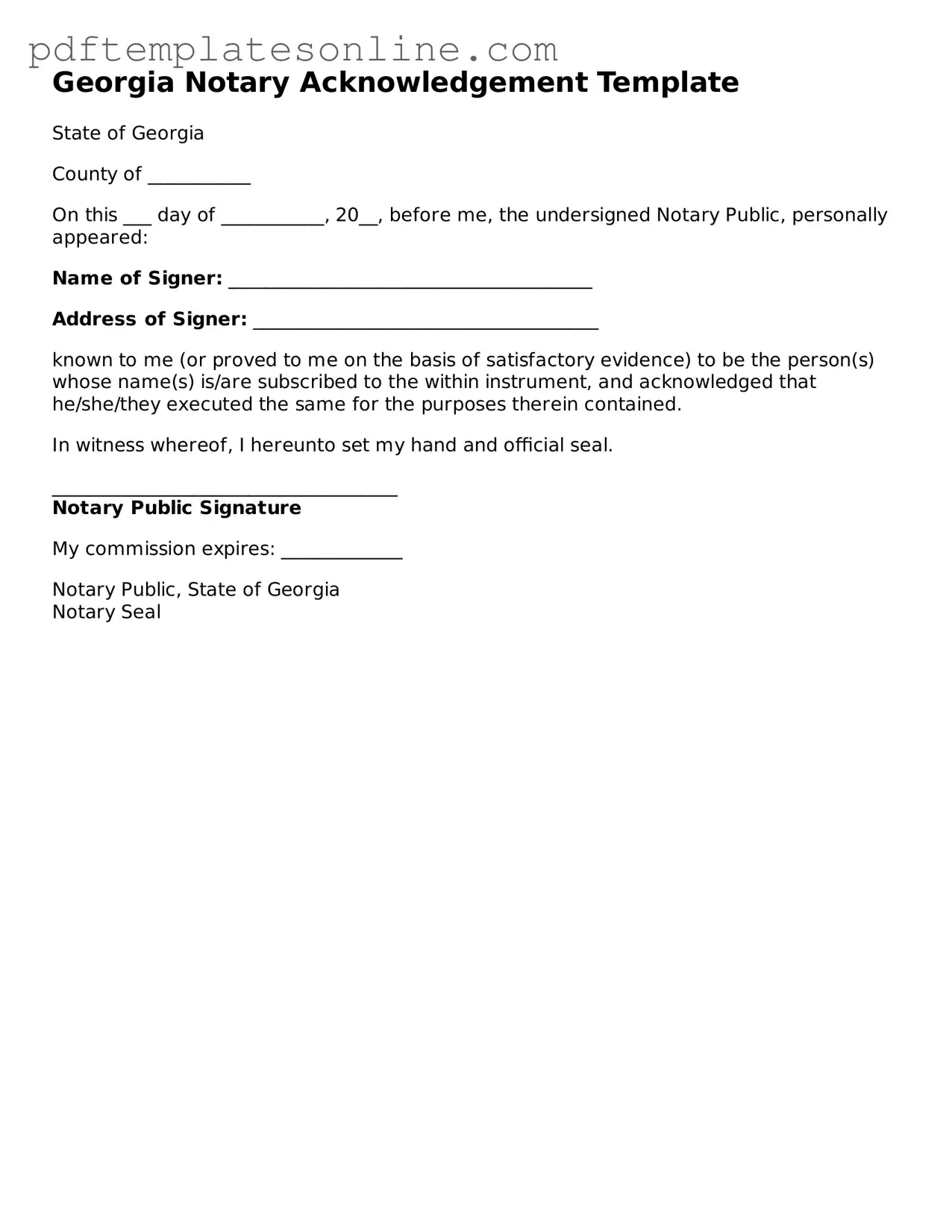 Official Georgia Notary Acknowledgement Document