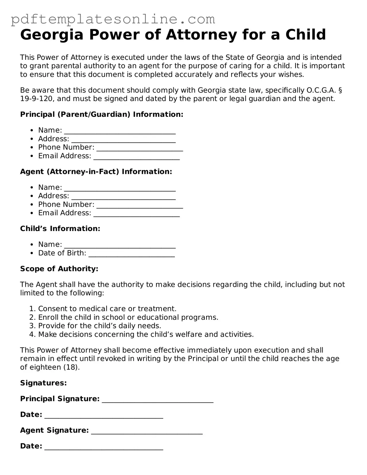 Official Georgia Power of Attorney for a Child Document