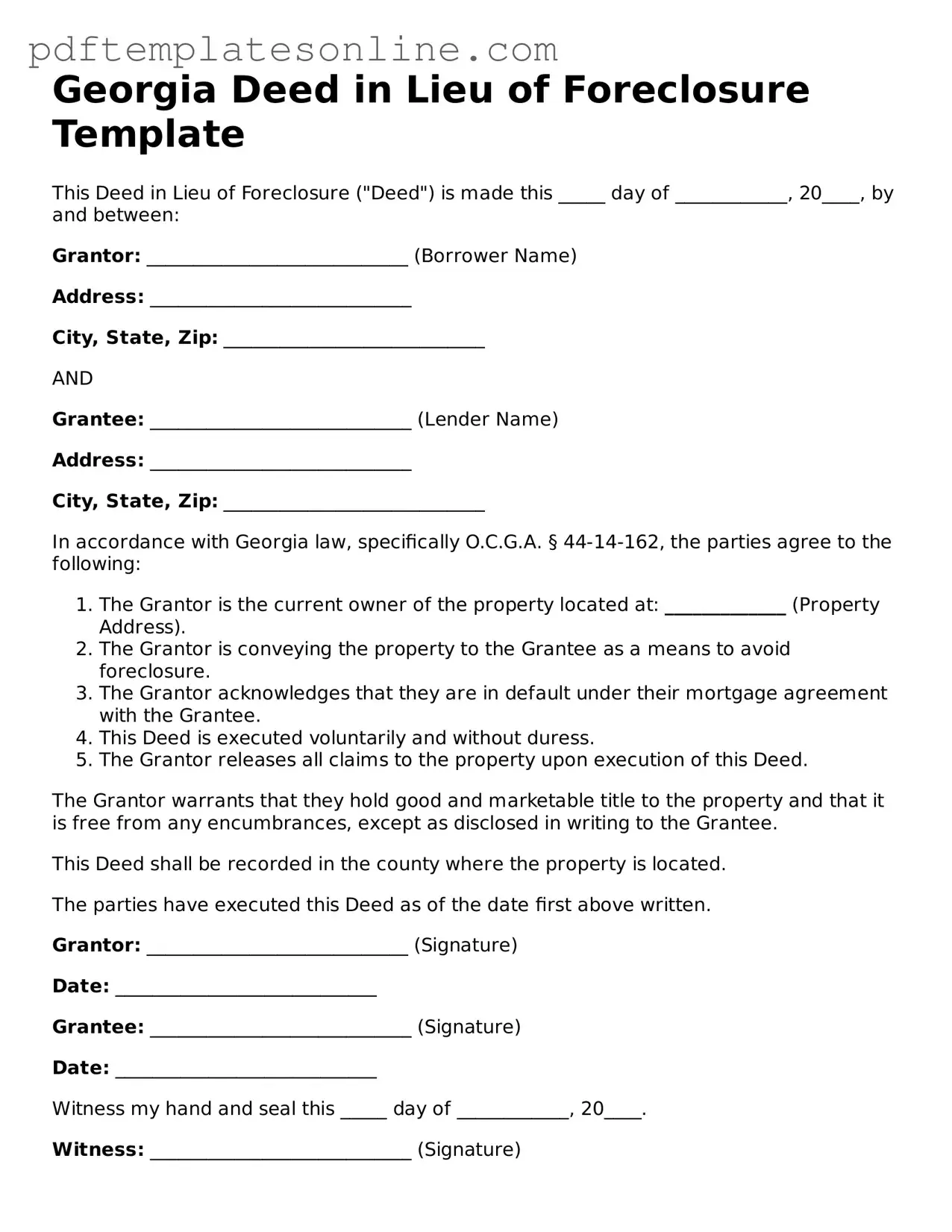Official Georgia Deed in Lieu of Foreclosure Document