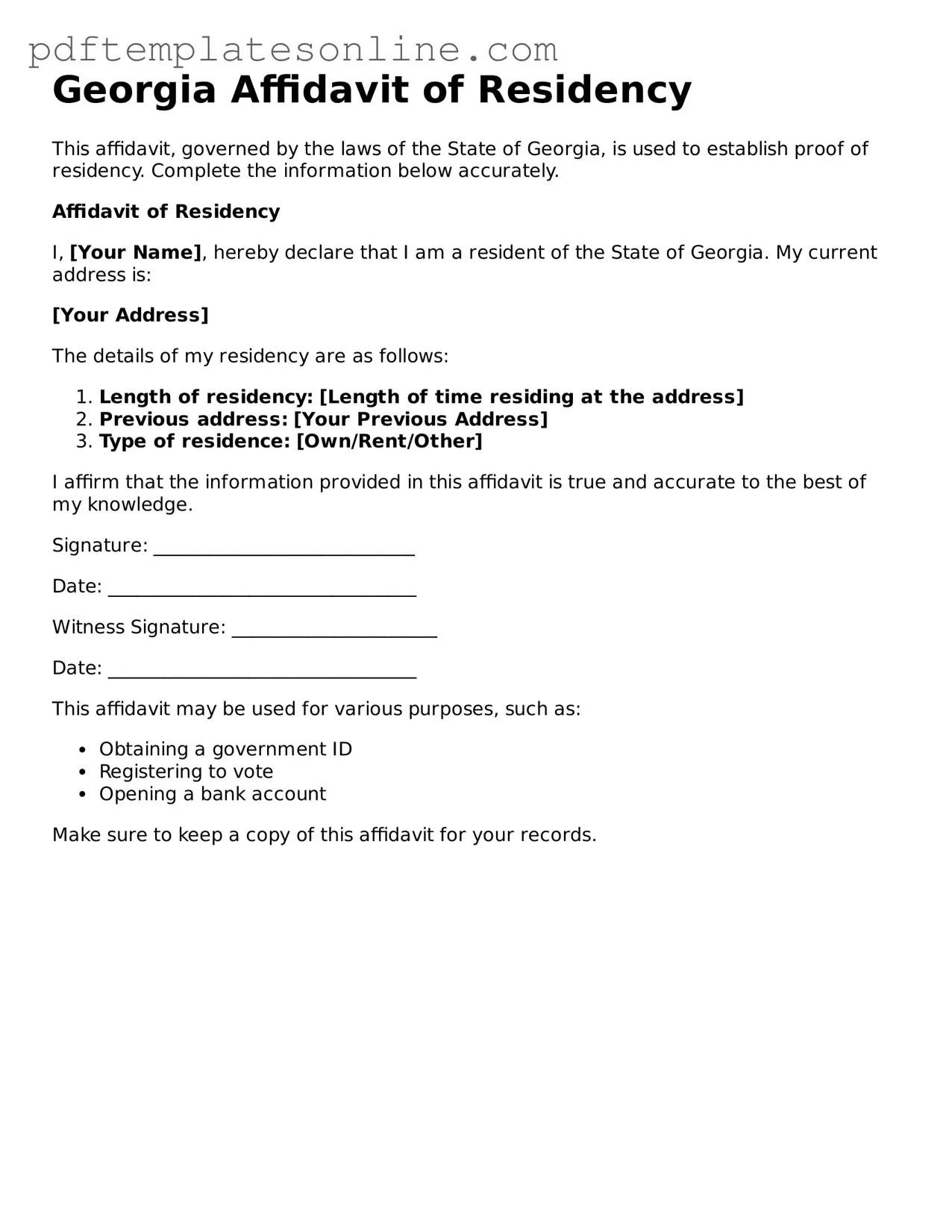 Official Georgia Affidavit of Residency Document