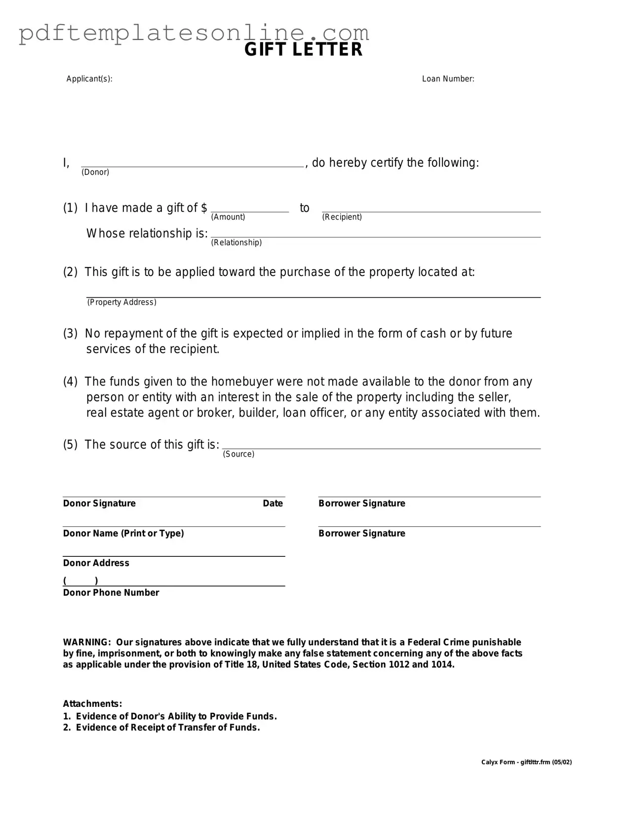 Blank Gift Letter Form