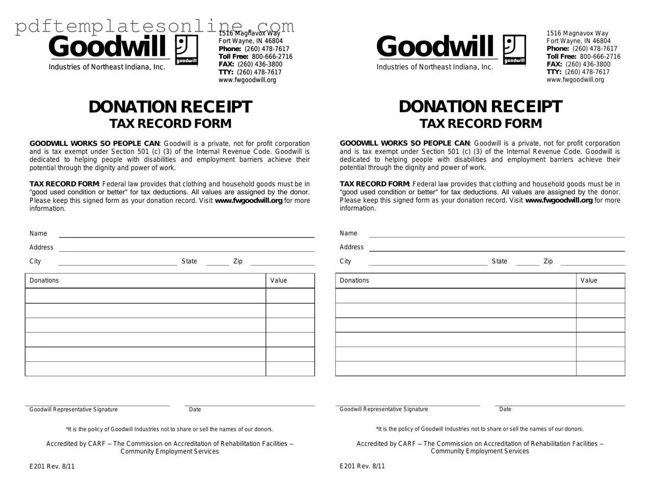 Blank Goodwill donation receipt Form